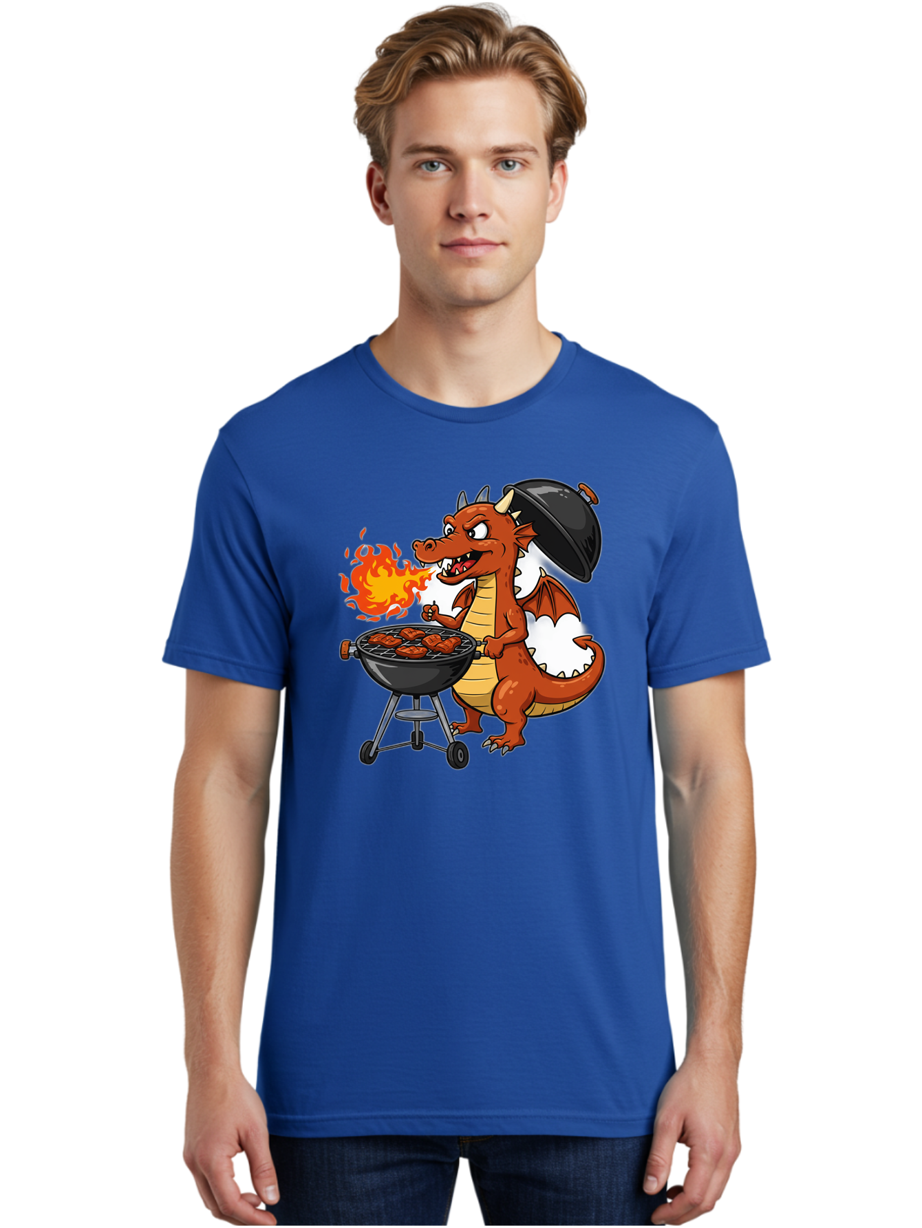 Dragon-Barbecue Men'S Graphic Tee, 100% Cotton, Comfortable Casual Summer Wear, Machine Washable, Cartoon Dragon, Grilling On Barbecue, Cooking Meat, Outdoor Cooking, Fiery Flames, Comical Dragon, Playful Illustration, Humorous Dragon, Bab883