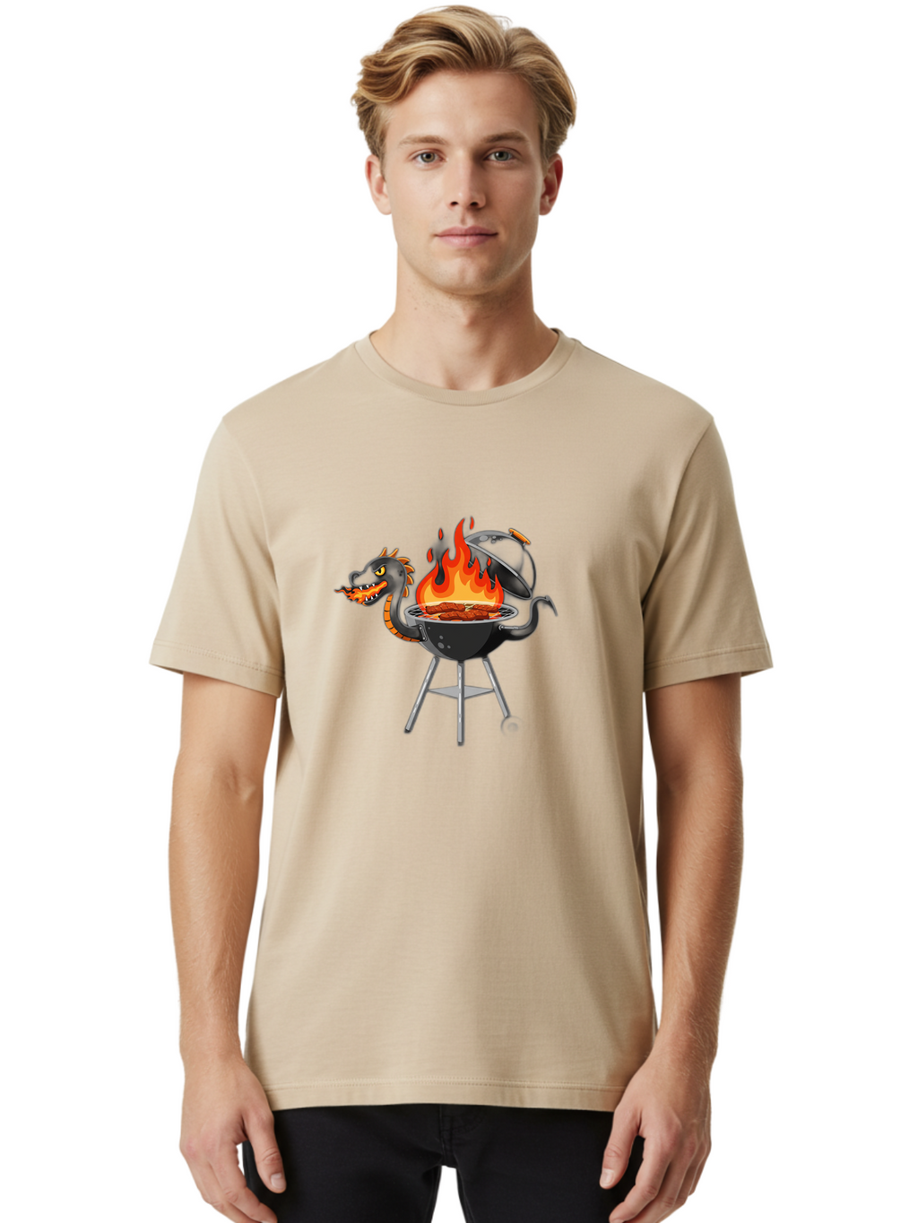 Dragon-Bbq-Grill Men'S Graphic Tee, 100% Cotton, Comfortable Casual Summer Wear, Machine Washable, Barbecue Grill, Dragon Cooking Meat, Fantasy Creature, Grilled Meat, Mythical Beast, Outdoor Cooking, Vibrant Flames, Cartoon Style, Bab884