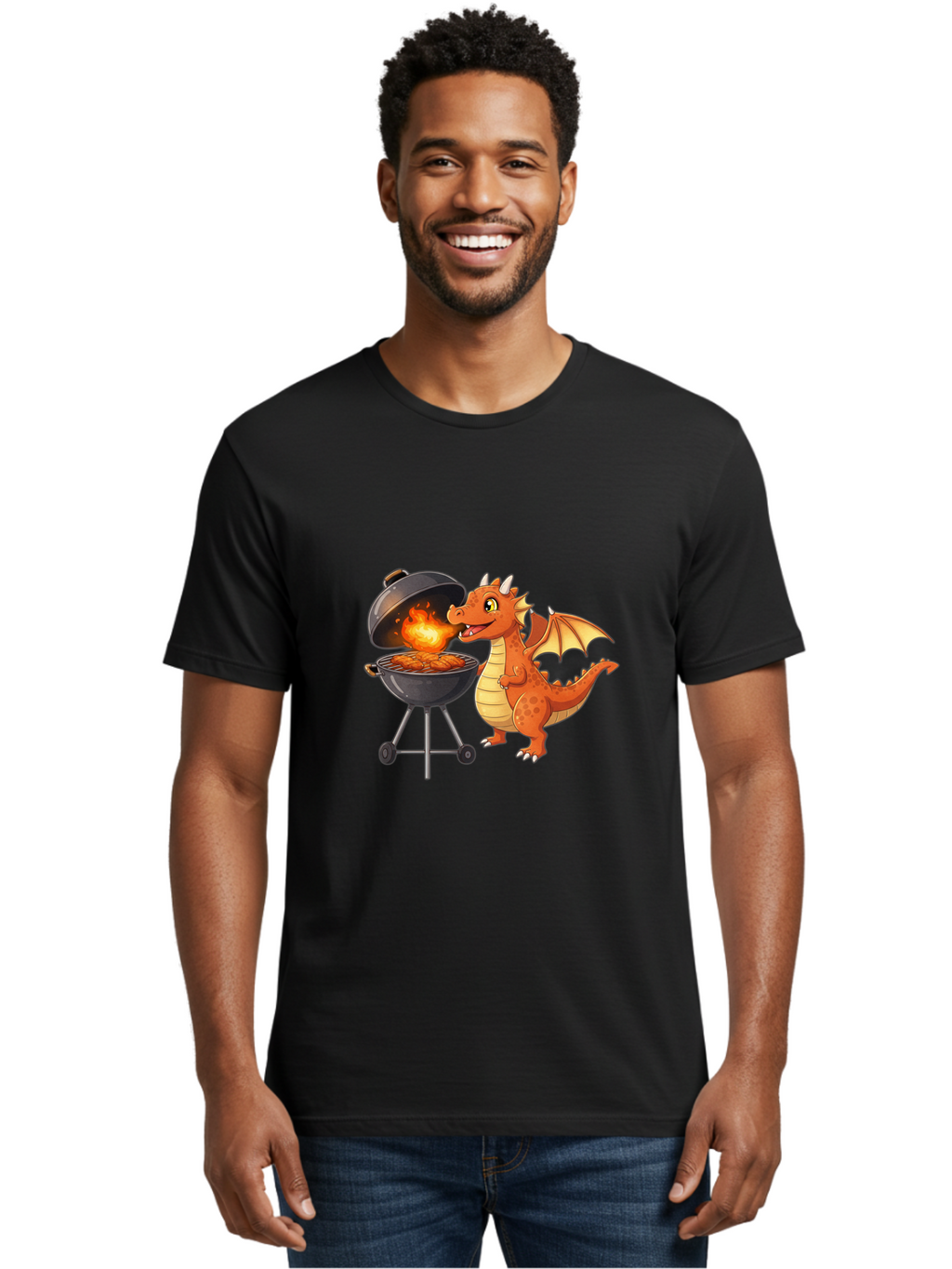Dragon-Bbq Men'S Graphic Tee, 100% Cotton, Comfortable Casual Summer Wear, Machine Washable, Cartoon Dragon Cooking On Barbecue, Grilling Meat, Fantasy Creature, Humorous Illustration, Fire-Breathing Dragon, Outdoor Cooking Bab885