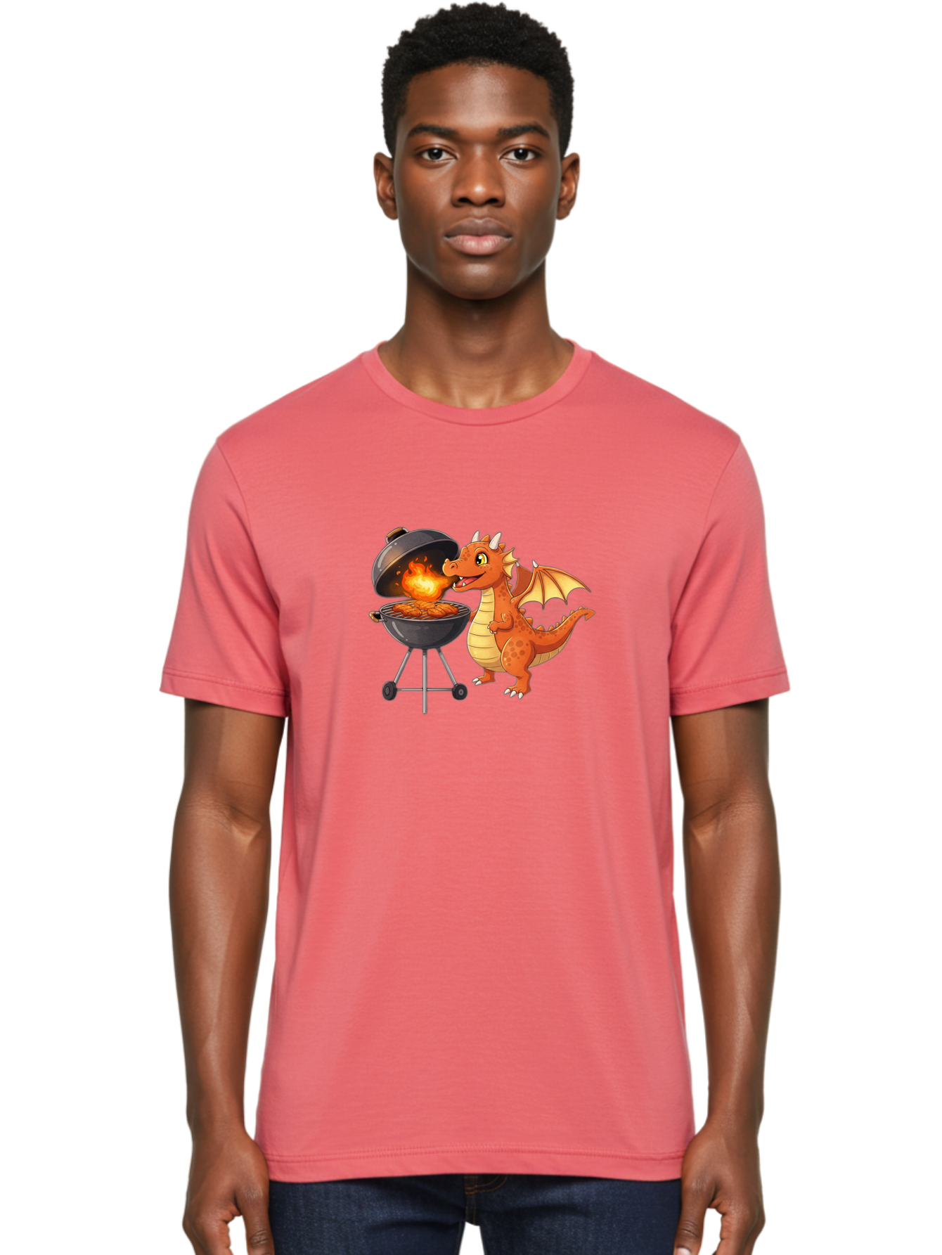Dragon-Bbq Men'S Graphic Tee, 100% Cotton, Comfortable Casual Summer Wear, Machine Washable, Cartoon Dragon Cooking On Barbecue, Grilling Meat, Fantasy Creature, Humorous Illustration, Fire-Breathing Dragon, Outdoor Cooking Bab885