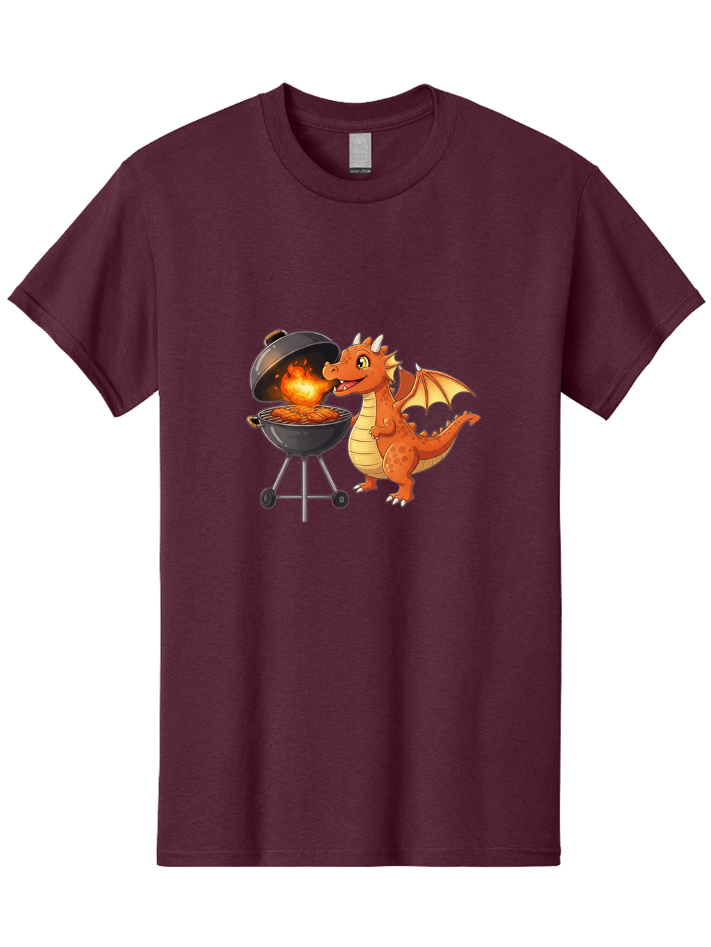 Dragon-Bbq Men'S Graphic Tee, 100% Cotton, Comfortable Casual Summer Wear, Machine Washable, Cartoon Dragon Cooking On Barbecue, Grilling Meat, Fantasy Creature, Humorous Illustration, Fire-Breathing Dragon, Outdoor Cooking Bab885