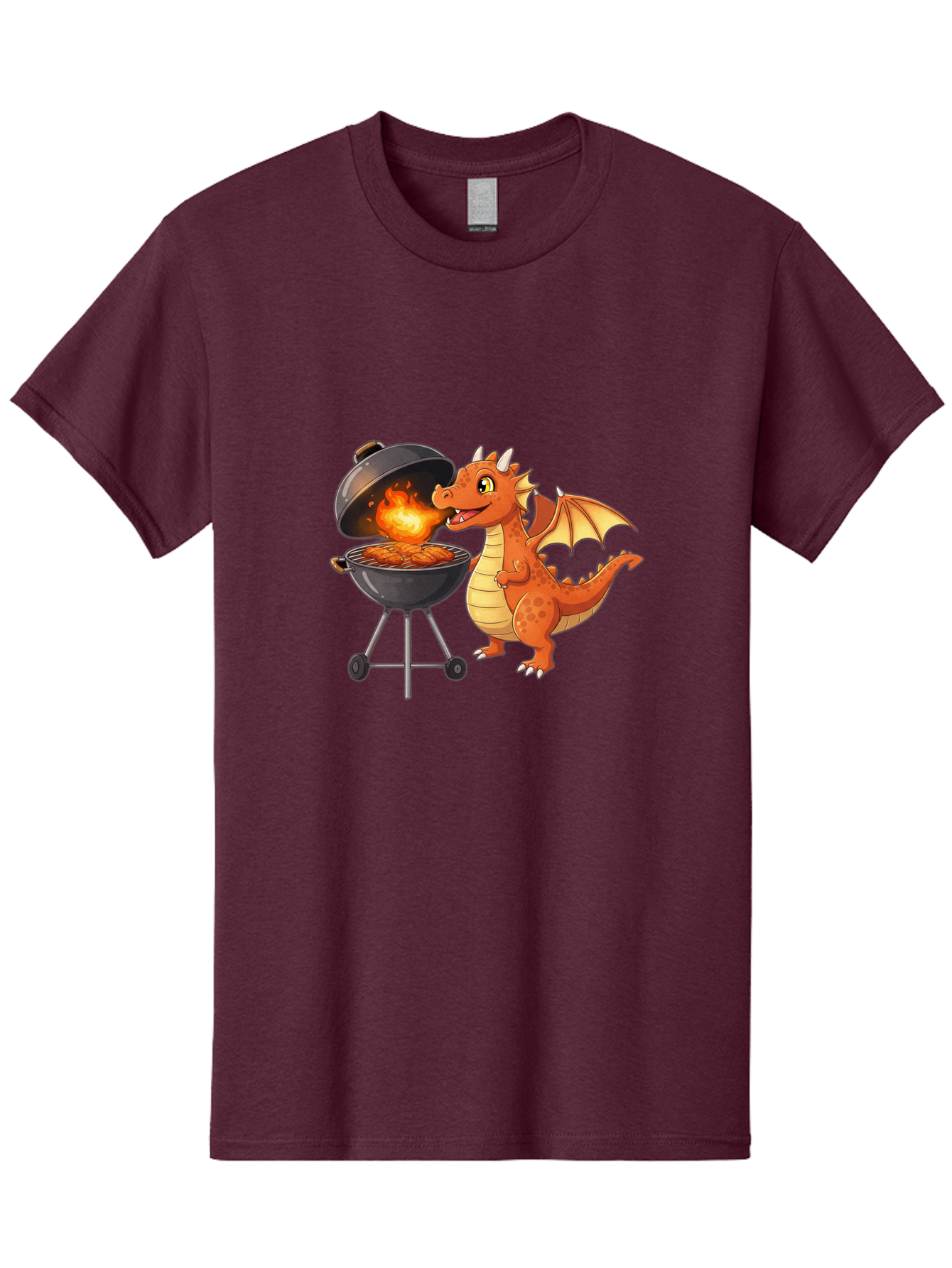 Dragon-Bbq Men'S Graphic Tee, 100% Cotton, Comfortable Casual Summer Wear, Machine Washable, Cartoon Dragon Cooking On Barbecue, Grilling Meat, Fantasy Creature, Humorous Illustration, Fire-Breathing Dragon, Outdoor Cooking Bab885