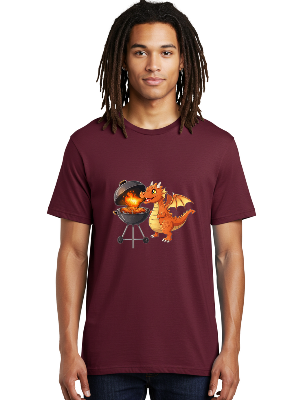 Dragon-Bbq Men'S Graphic Tee, 100% Cotton, Comfortable Casual Summer Wear, Machine Washable, Cartoon Dragon Cooking On Barbecue, Grilling Meat, Fantasy Creature, Humorous Illustration, Fire-Breathing Dragon, Outdoor Cooking Bab885