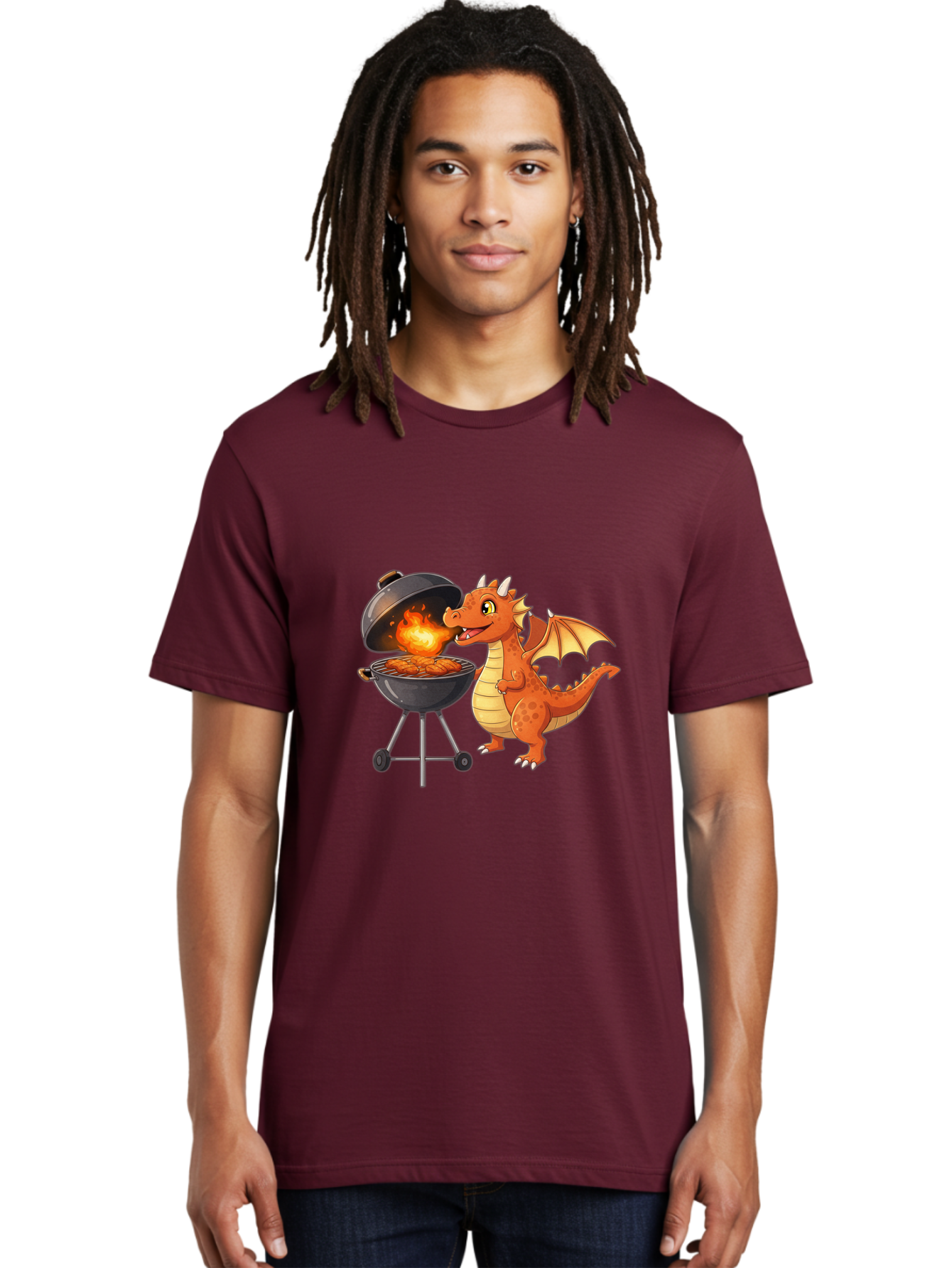 Dragon-Bbq Men'S Graphic Tee, 100% Cotton, Comfortable Casual Summer Wear, Machine Washable, Cartoon Dragon Cooking On Barbecue, Grilling Meat, Fantasy Creature, Humorous Illustration, Fire-Breathing Dragon, Outdoor Cooking Bab885