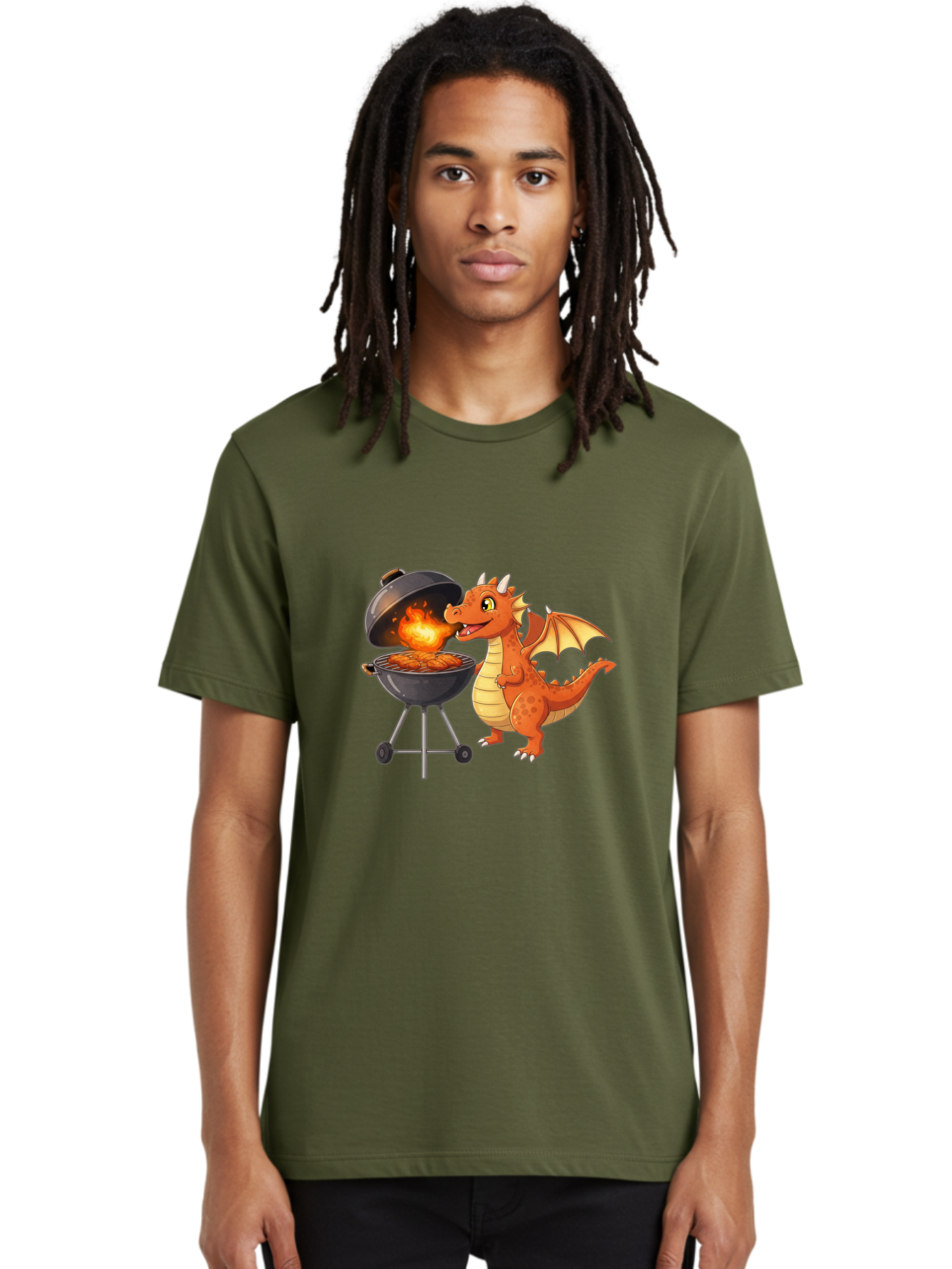 Dragon-Bbq Men'S Graphic Tee, 100% Cotton, Comfortable Casual Summer Wear, Machine Washable, Cartoon Dragon Cooking On Barbecue, Grilling Meat, Fantasy Creature, Humorous Illustration, Fire-Breathing Dragon, Outdoor Cooking Bab885