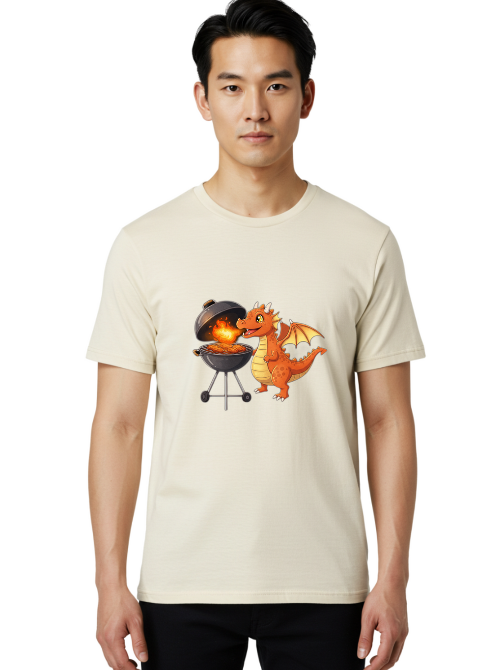 Dragon-Bbq Men'S Graphic Tee, 100% Cotton, Comfortable Casual Summer Wear, Machine Washable, Cartoon Dragon Cooking On Barbecue, Grilling Meat, Fantasy Creature, Humorous Illustration, Fire-Breathing Dragon, Outdoor Cooking Bab885