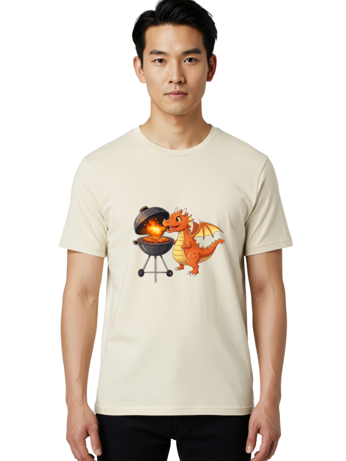 Dragon-Bbq Men'S Graphic Tee, 100% Cotton, Comfortable Casual Summer Wear, Machine Washable, Cartoon Dragon Cooking On Barbecue, Grilling Meat, Fantasy Creature, Humorous Illustration, Fire-Breathing Dragon, Outdoor Cooking Bab885