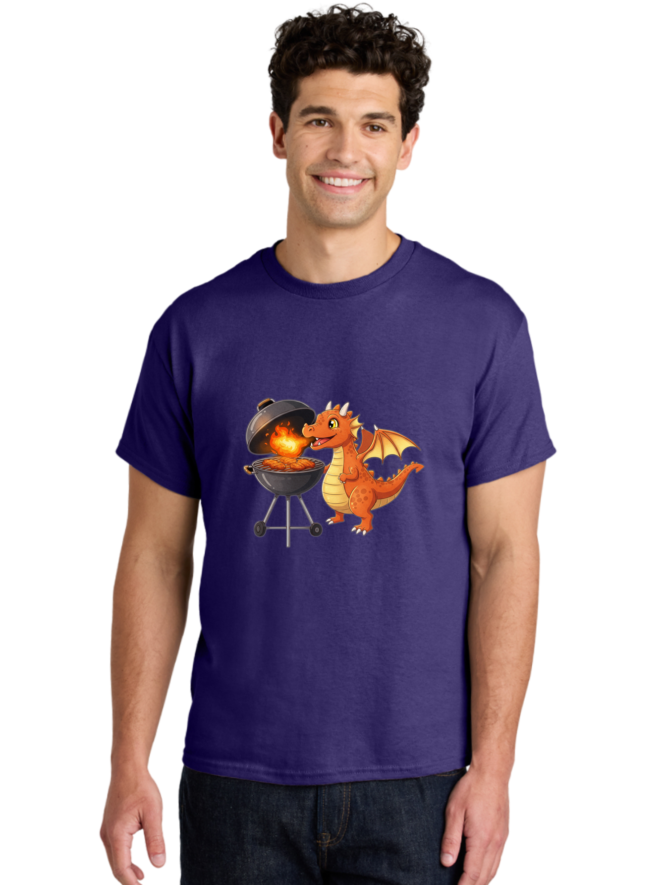 Dragon-Bbq Men'S Graphic Tee, 100% Cotton, Comfortable Casual Summer Wear, Machine Washable, Cartoon Dragon Cooking On Barbecue, Grilling Meat, Fantasy Creature, Humorous Illustration, Fire-Breathing Dragon, Outdoor Cooking Bab885