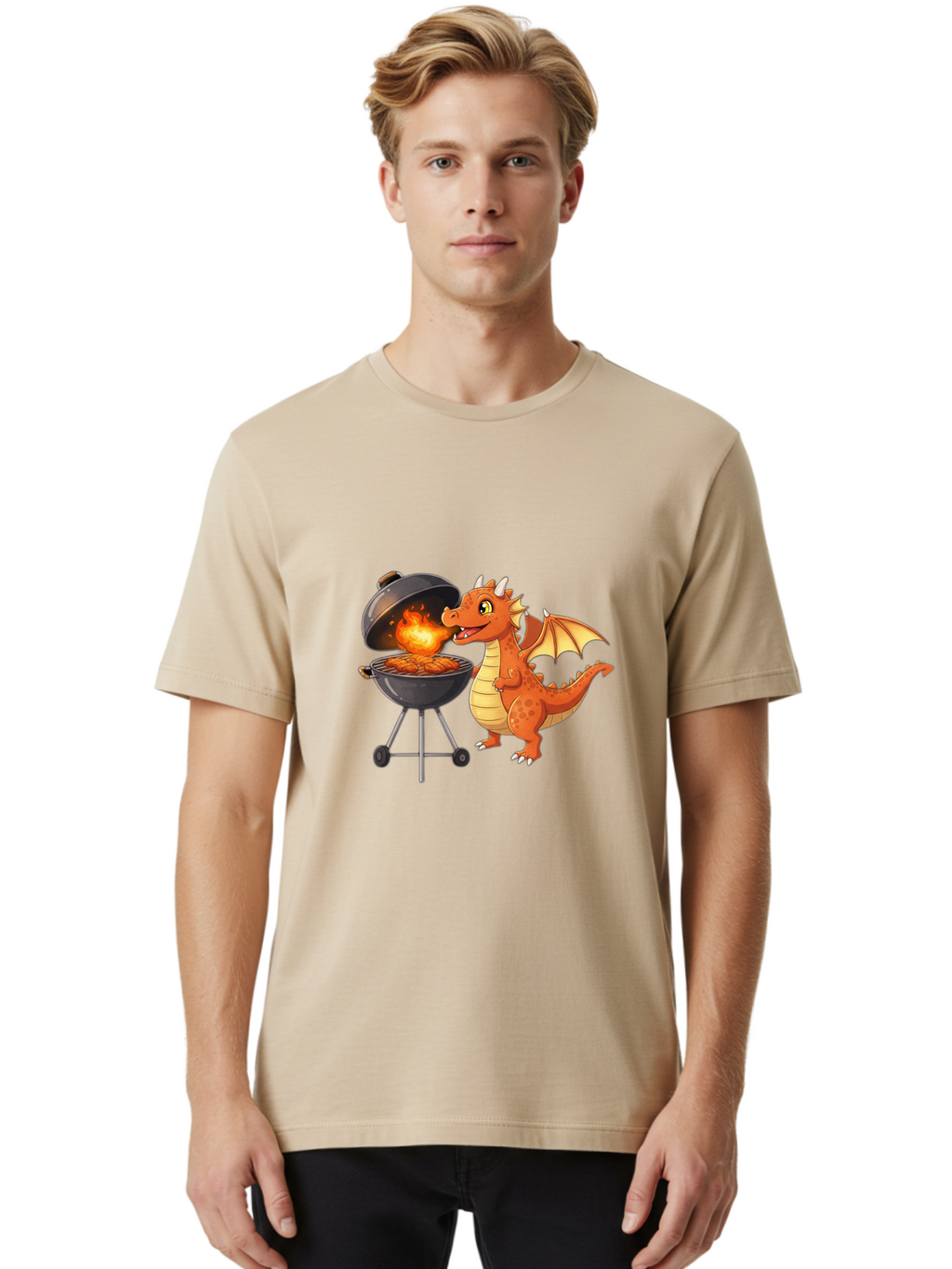 Dragon-Bbq Men'S Graphic Tee, 100% Cotton, Comfortable Casual Summer Wear, Machine Washable, Cartoon Dragon Cooking On Barbecue, Grilling Meat, Fantasy Creature, Humorous Illustration, Fire-Breathing Dragon, Outdoor Cooking Bab885