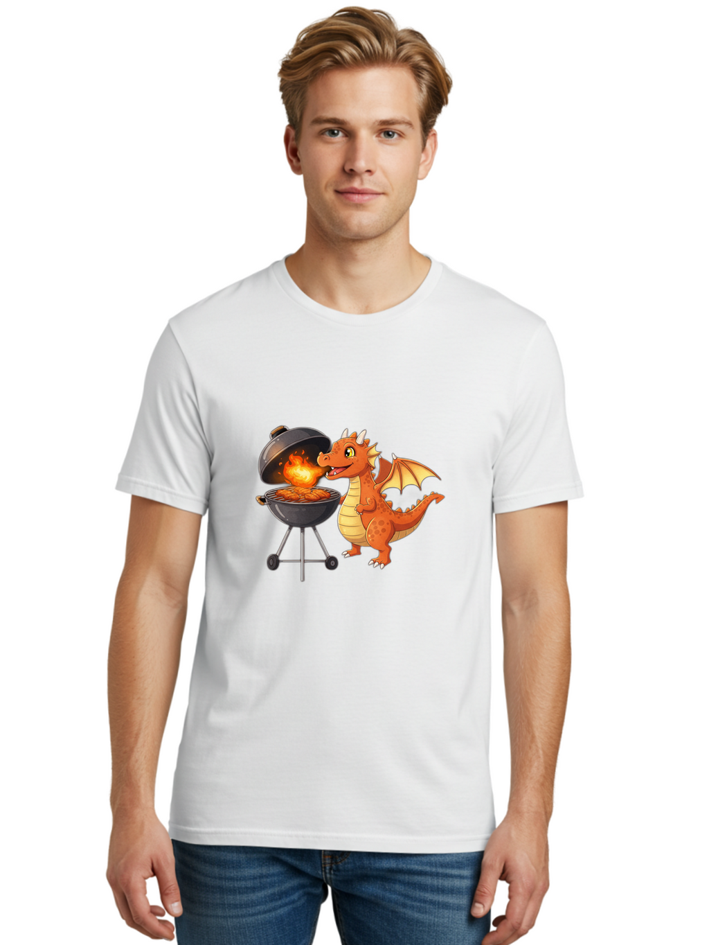 Dragon-Bbq Men'S Graphic Tee, 100% Cotton, Comfortable Casual Summer Wear, Machine Washable, Cartoon Dragon Cooking On Barbecue, Grilling Meat, Fantasy Creature, Humorous Illustration, Fire-Breathing Dragon, Outdoor Cooking Bab885