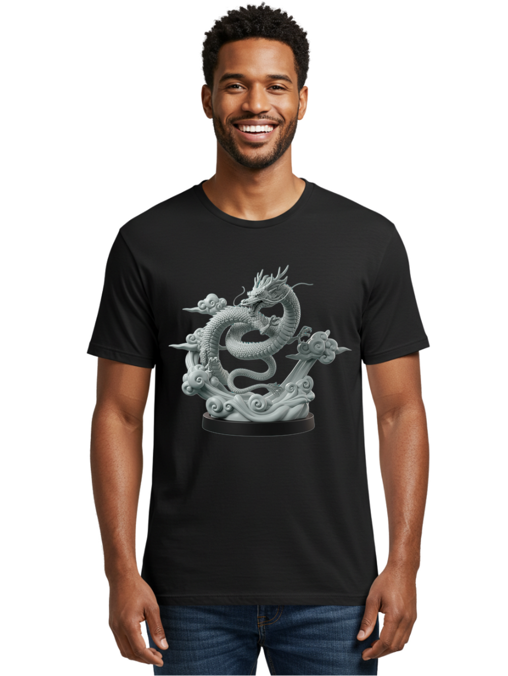 Dragon-Statue Men'S Graphic Tee, 100% Cotton, Comfortable Casual Summer Wear, Machine Washable, Dragon Sculpture, Mythical Creature, Chinese Culture, Figurine, 3D Model, Artistic Design, Symbolic Art, Decorative Figurine, Gray Stone Texture, Bab886