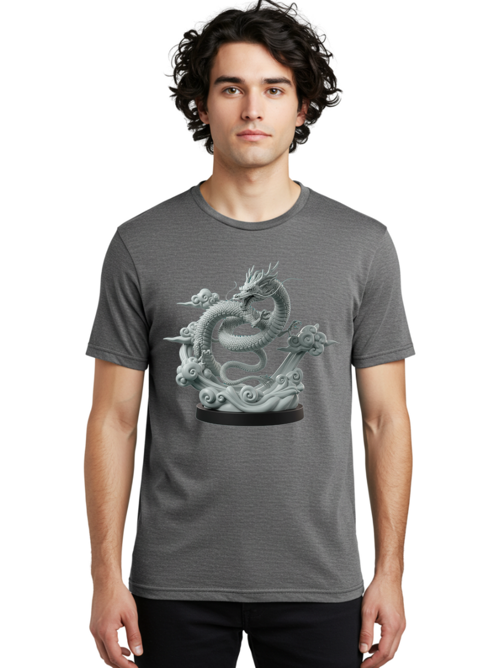 Dragon-Statue Men'S Graphic Tee, 100% Cotton, Comfortable Casual Summer Wear, Machine Washable, Dragon Sculpture, Mythical Creature, Chinese Culture, Figurine, 3D Model, Artistic Design, Symbolic Art, Decorative Figurine, Gray Stone Texture, Bab886