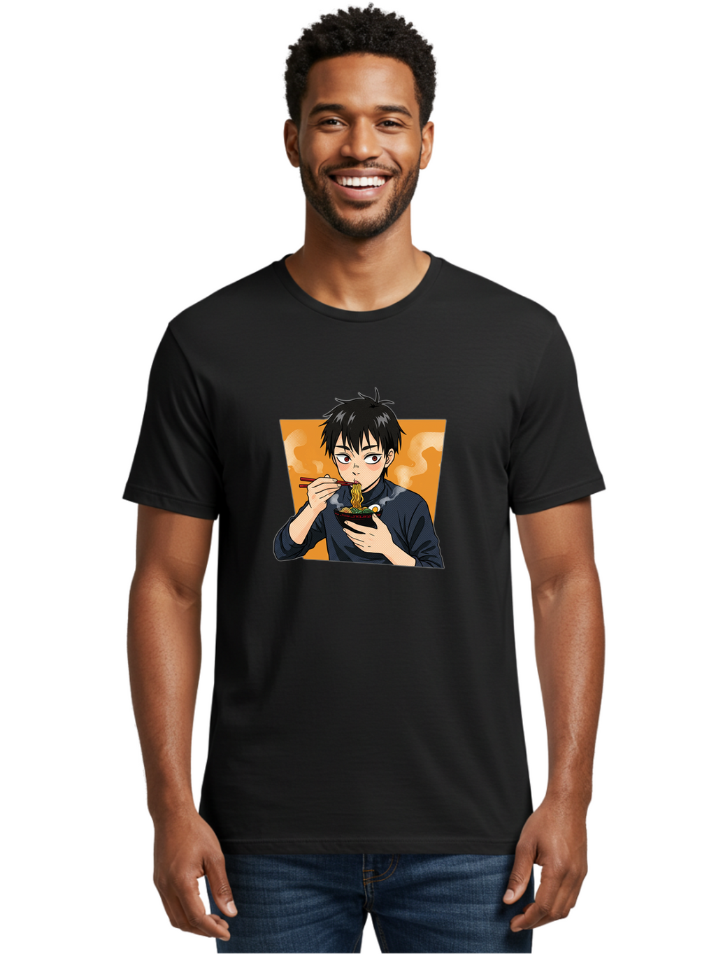 Eating-Ramen Men'S Graphic Tee, 100% Cotton, Comfortable Casual Summer Wear, Machine Washable, Anime Boy Eating Ramen, Steaming Hot Noodles, Chopsticks, Delicious Meal, Japanese Cuisine, Cartoon Style, Appetizing Food, Ramen Lover Bab887