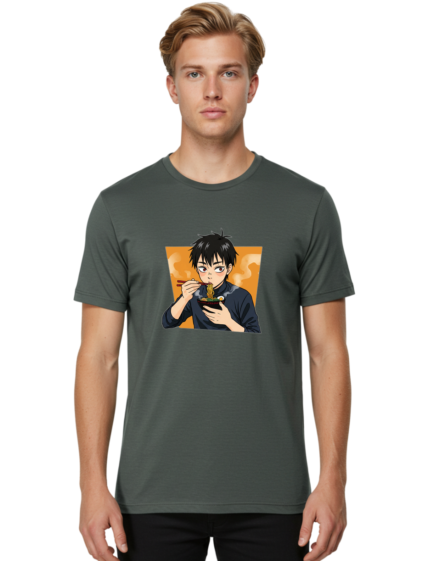 Eating-Ramen Men'S Graphic Tee, 100% Cotton, Comfortable Casual Summer Wear, Machine Washable, Anime Boy Eating Ramen, Steaming Hot Noodles, Chopsticks, Delicious Meal, Japanese Cuisine, Cartoon Style, Appetizing Food, Ramen Lover Bab887