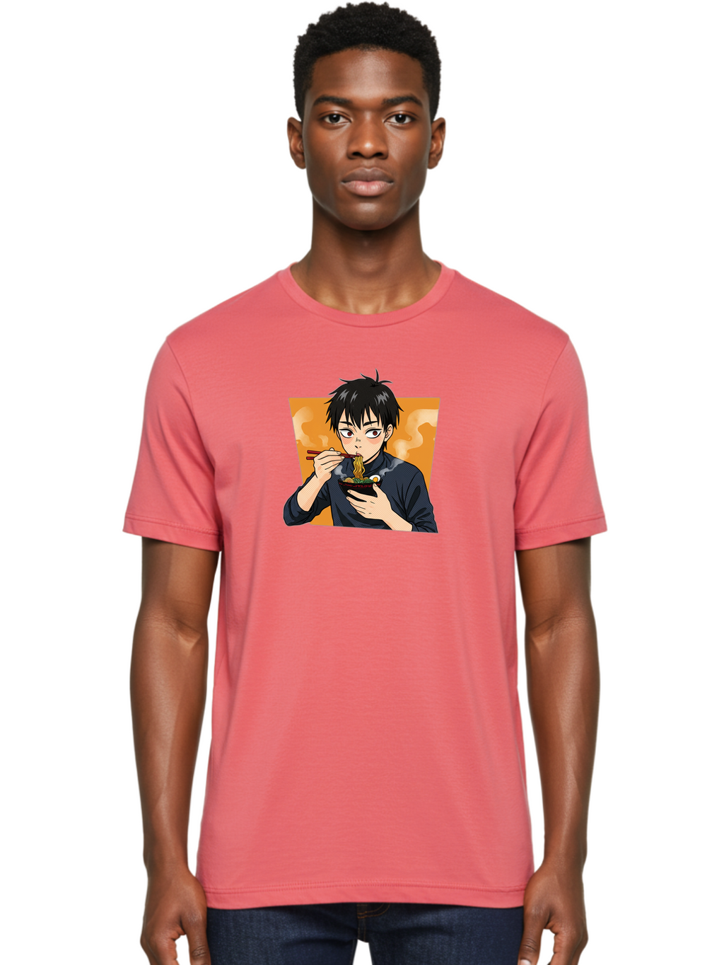 Eating-Ramen Men'S Graphic Tee, 100% Cotton, Comfortable Casual Summer Wear, Machine Washable, Anime Boy Eating Ramen, Steaming Hot Noodles, Chopsticks, Delicious Meal, Japanese Cuisine, Cartoon Style, Appetizing Food, Ramen Lover Bab887