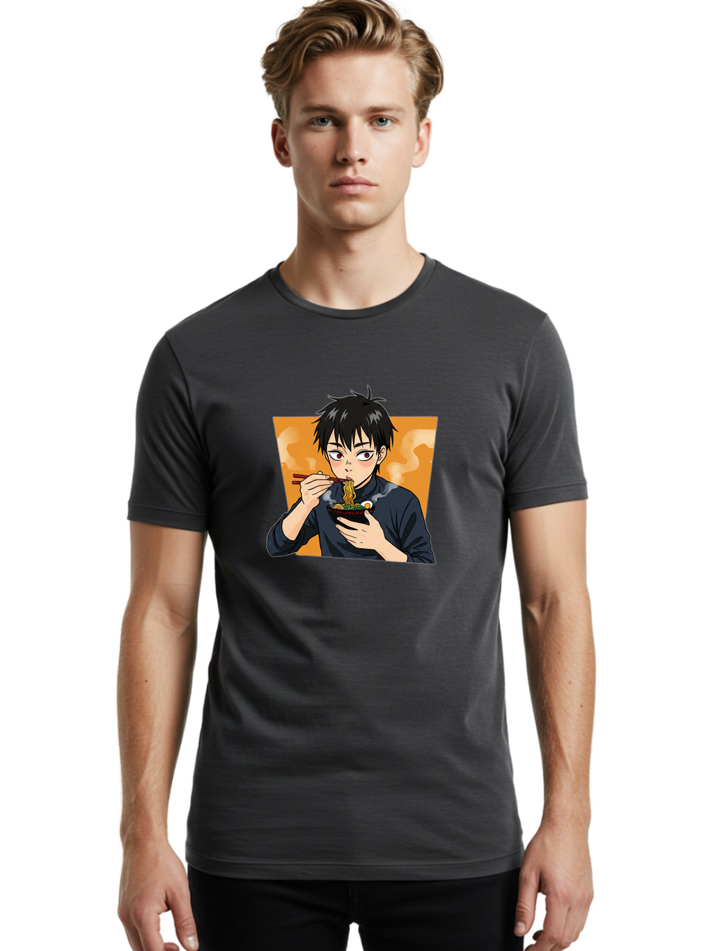 Eating-Ramen Men'S Graphic Tee, 100% Cotton, Comfortable Casual Summer Wear, Machine Washable, Anime Boy Eating Ramen, Steaming Hot Noodles, Chopsticks, Delicious Meal, Japanese Cuisine, Cartoon Style, Appetizing Food, Ramen Lover Bab887