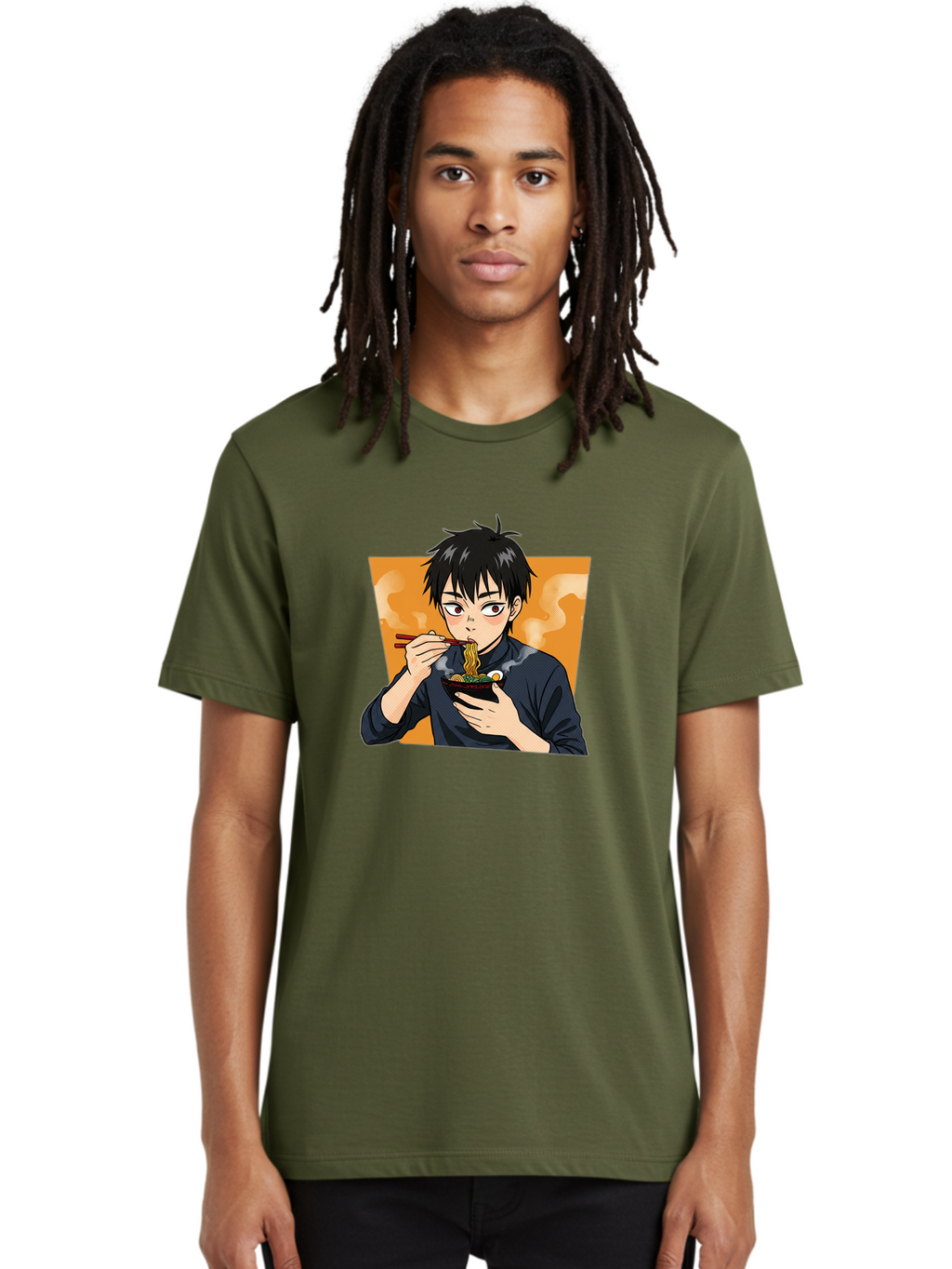 Eating-Ramen Men'S Graphic Tee, 100% Cotton, Comfortable Casual Summer Wear, Machine Washable, Anime Boy Eating Ramen, Steaming Hot Noodles, Chopsticks, Delicious Meal, Japanese Cuisine, Cartoon Style, Appetizing Food, Ramen Lover Bab887