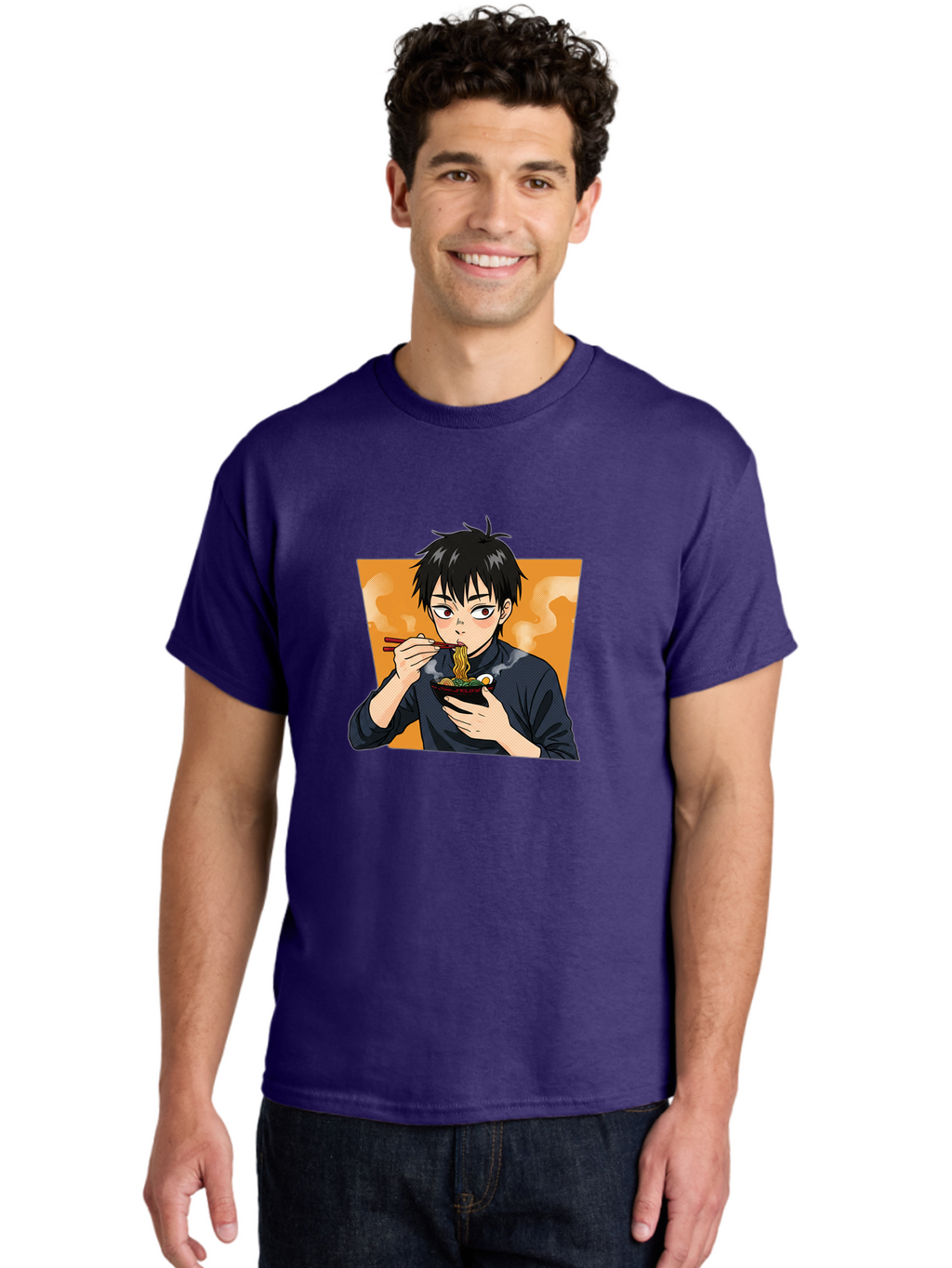 Eating-Ramen Men'S Graphic Tee, 100% Cotton, Comfortable Casual Summer Wear, Machine Washable, Anime Boy Eating Ramen, Steaming Hot Noodles, Chopsticks, Delicious Meal, Japanese Cuisine, Cartoon Style, Appetizing Food, Ramen Lover Bab887