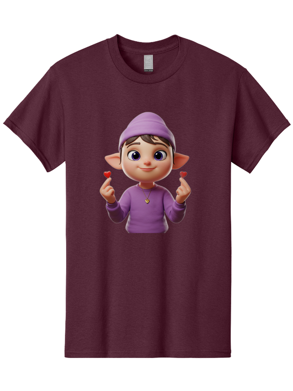 Elf-Boy Men'S Graphic Tee, 100% Cotton, Comfortable Casual Summer Wear, Machine Washable, Cartoon Elf, Fantasy Character, Purple Clothing, Heart-Shaped Objects, Cute Expression, 3D Illustration, Whimsical Design, Playful Atmosphere, Bab888