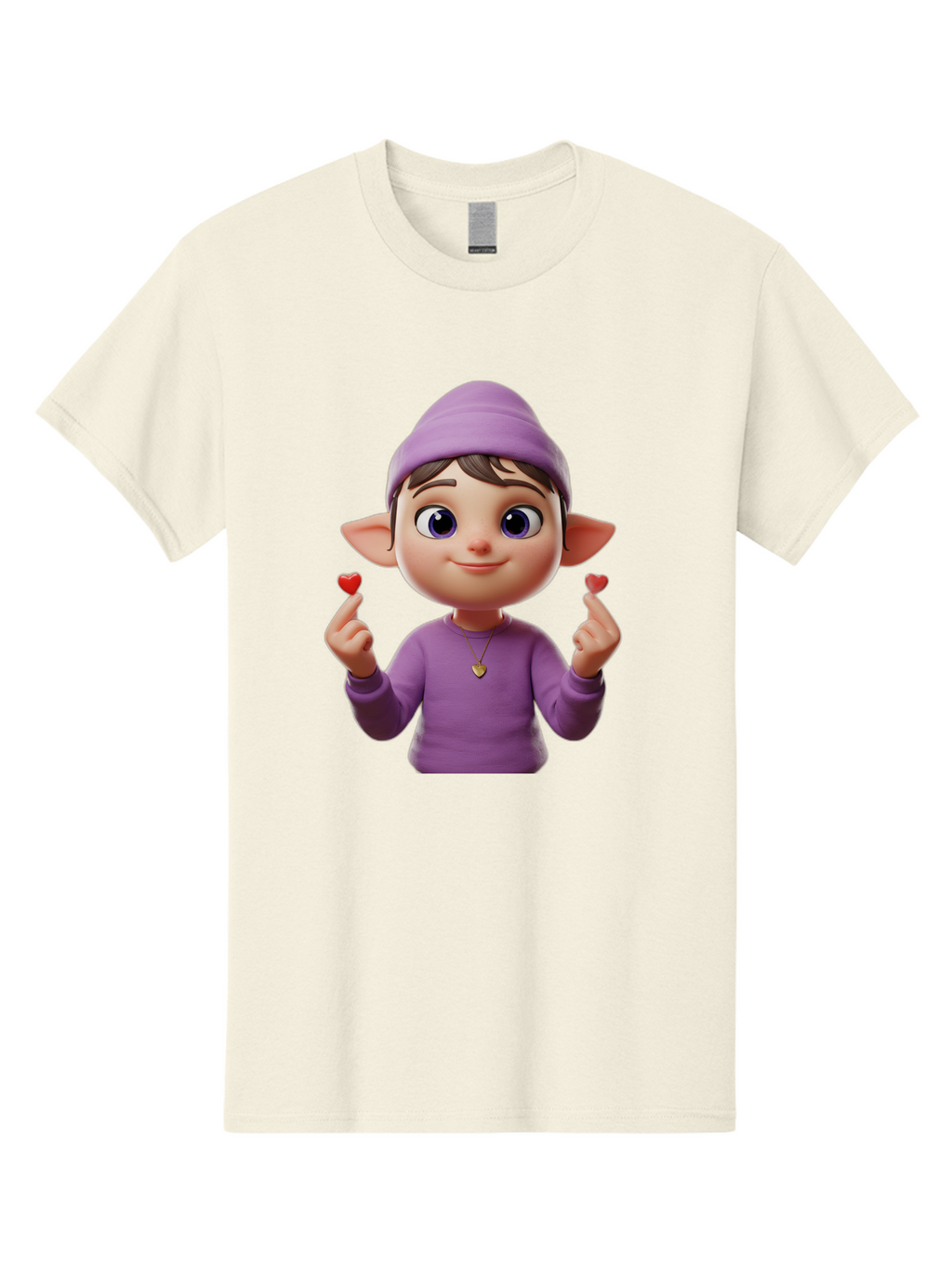 Elf-Boy Men'S Graphic Tee, 100% Cotton, Comfortable Casual Summer Wear, Machine Washable, Cartoon Elf, Fantasy Character, Purple Clothing, Heart-Shaped Objects, Cute Expression, 3D Illustration, Whimsical Design, Playful Atmosphere, Bab888