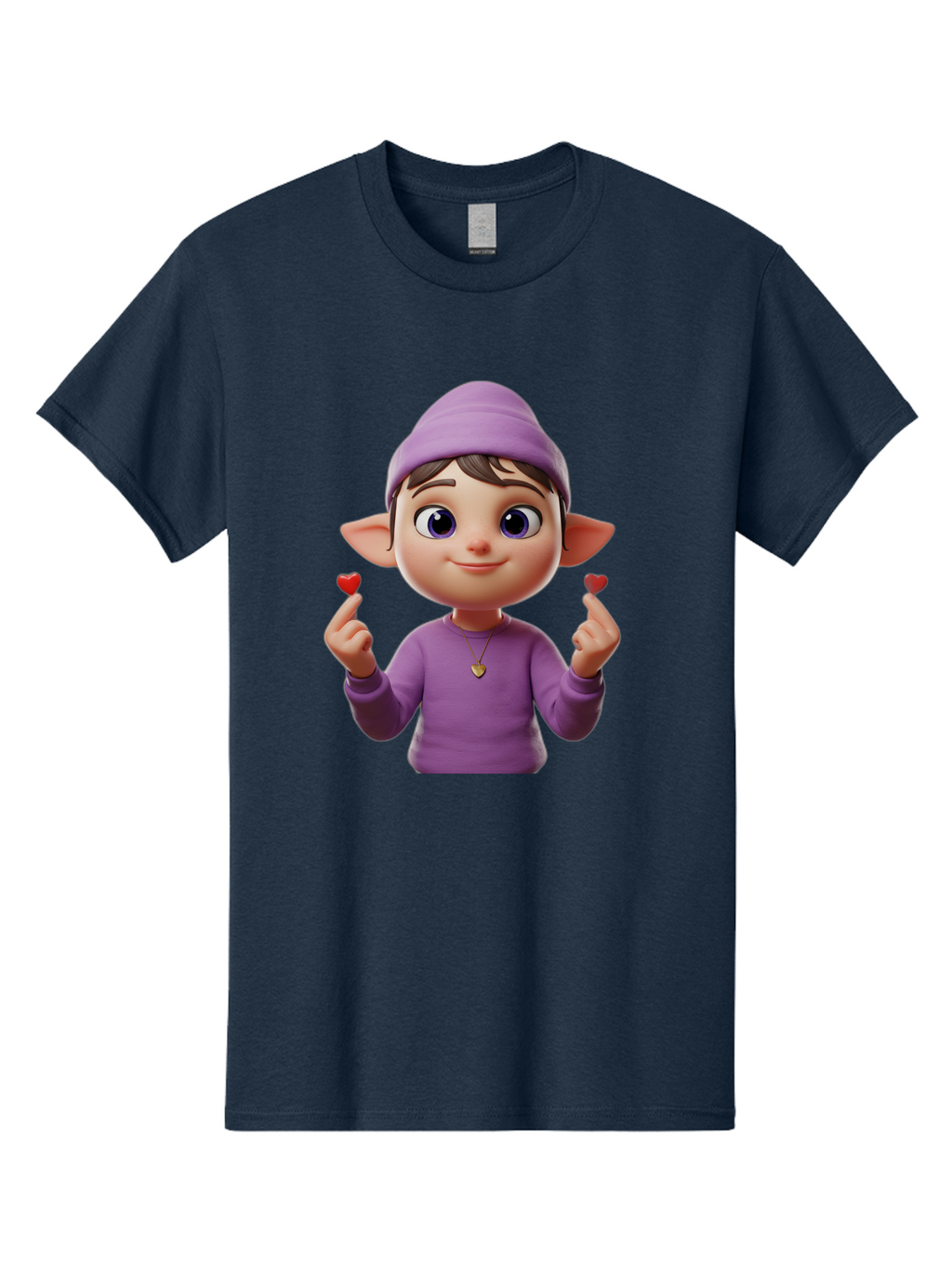 Elf-Boy Men'S Graphic Tee, 100% Cotton, Comfortable Casual Summer Wear, Machine Washable, Cartoon Elf, Fantasy Character, Purple Clothing, Heart-Shaped Objects, Cute Expression, 3D Illustration, Whimsical Design, Playful Atmosphere, Bab888