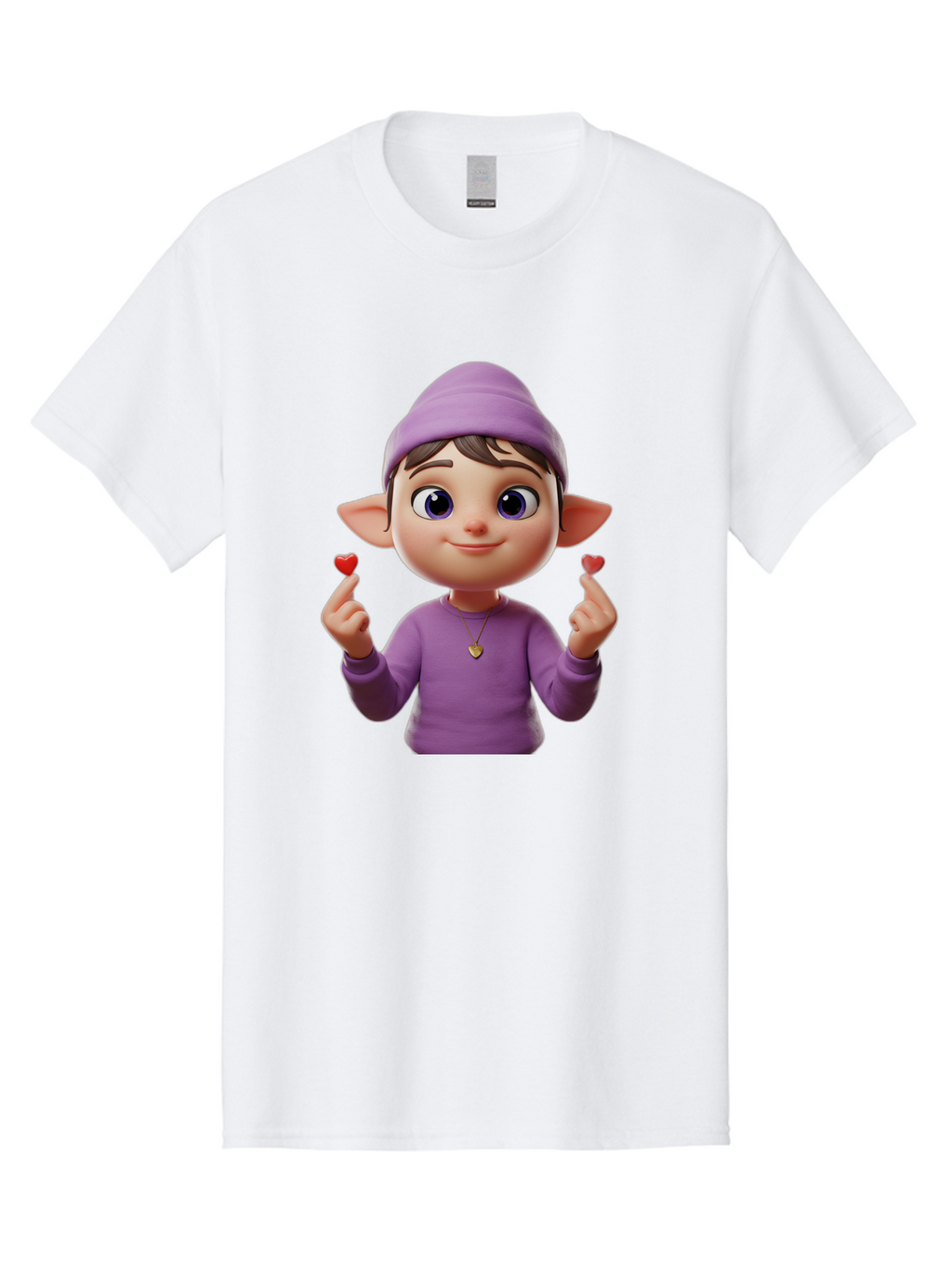 Elf-Boy Men'S Graphic Tee, 100% Cotton, Comfortable Casual Summer Wear, Machine Washable, Cartoon Elf, Fantasy Character, Purple Clothing, Heart-Shaped Objects, Cute Expression, 3D Illustration, Whimsical Design, Playful Atmosphere, Bab888