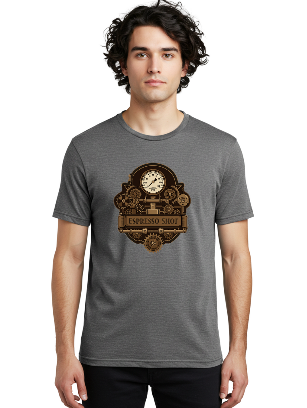 Espresso-Shot-2 Men'S Graphic Tee, 100% Cotton, Comfortable Casual Summer Wear, Machine Washable, Steampunk-Style Espresso Machine, Intricate Gears, Vintage Clock Face, Ottone, Industrial Design, Coffee Culture, Mechanical Parts, Bronze Tone, Bab892