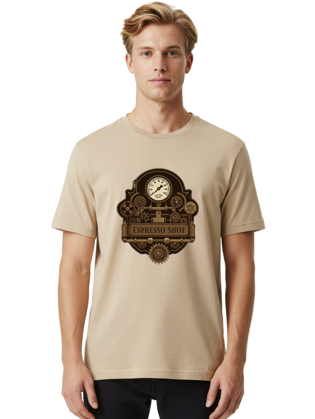 Espresso-Shot-2 Men'S Graphic Tee, 100% Cotton, Comfortable Casual Summer Wear, Machine Washable, Steampunk-Style Espresso Machine, Intricate Gears, Vintage Clock Face, Ottone, Industrial Design, Coffee Culture, Mechanical Parts, Bronze Tone, Bab892