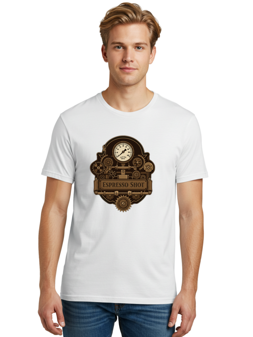 Espresso-Shot-2 Men'S Graphic Tee, 100% Cotton, Comfortable Casual Summer Wear, Machine Washable, Steampunk-Style Espresso Machine, Intricate Gears, Vintage Clock Face, Ottone, Industrial Design, Coffee Culture, Mechanical Parts, Bronze Tone, Bab892