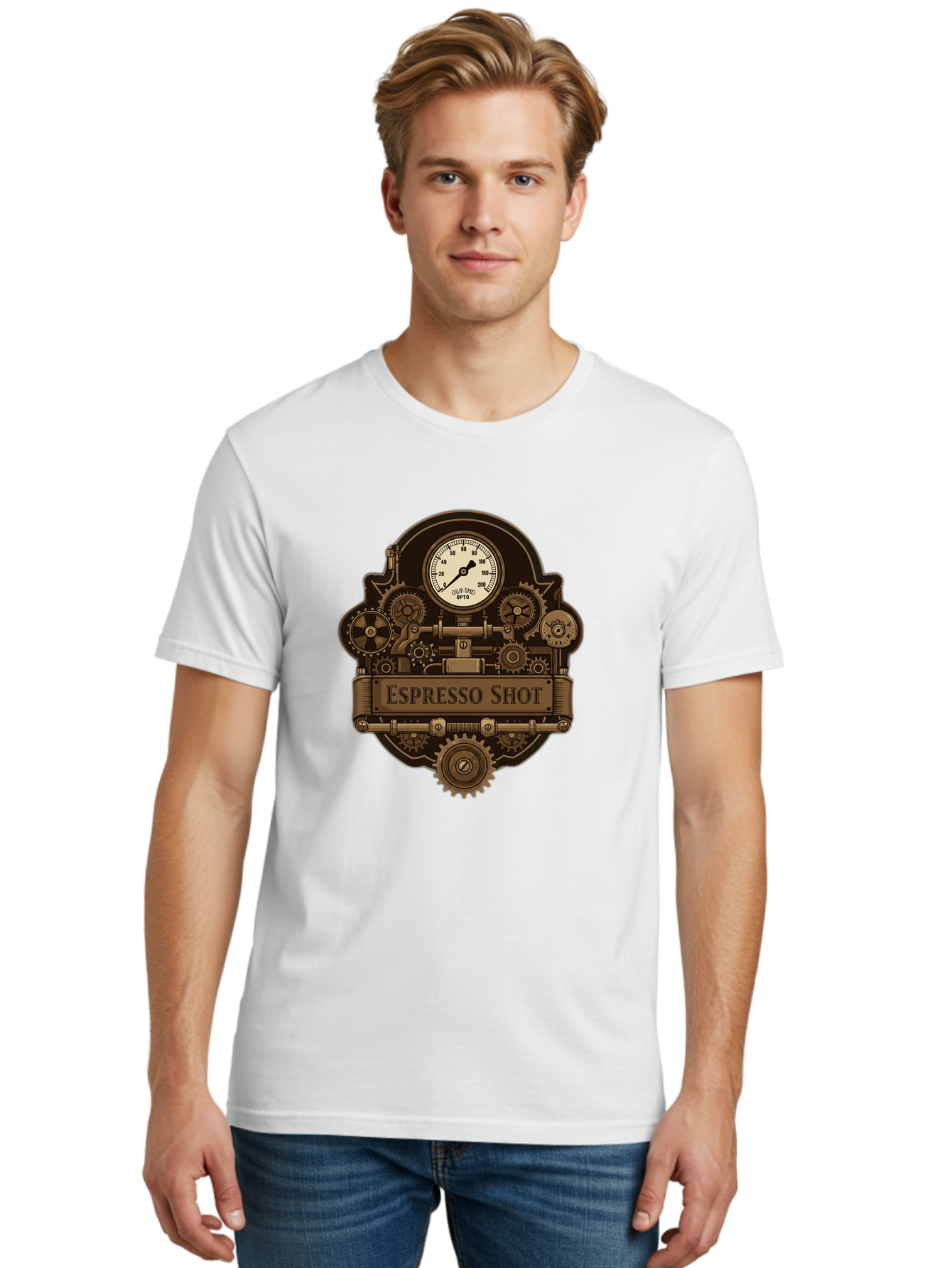 Espresso-Shot-2 Men'S Graphic Tee, 100% Cotton, Comfortable Casual Summer Wear, Machine Washable, Steampunk-Style Espresso Machine, Intricate Gears, Vintage Clock Face, Ottone, Industrial Design, Coffee Culture, Mechanical Parts, Bronze Tone, Bab892
