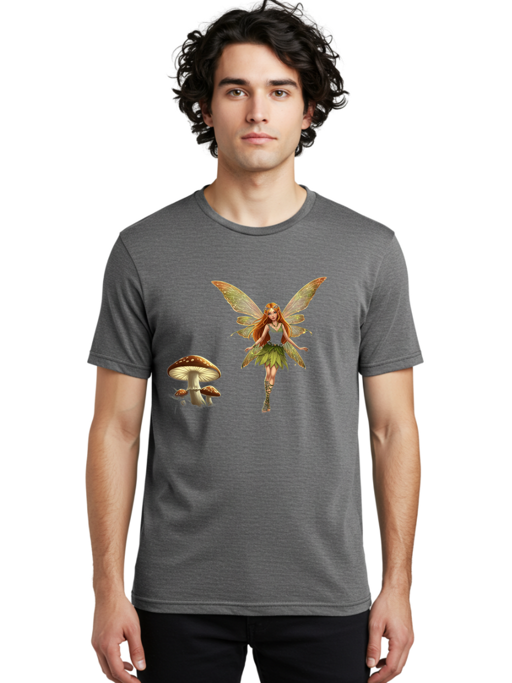 Fairy-With-Mushrooms Men'S Graphic Tee, 100% Cotton, Comfortable Casual Summer Wear, Machine Washable, Fairy With Wings, Green Dress, Red Hair, Mushrooms, Fantasy Creature, Mythical Being, Magical, Mystical, Whimsical, Enchanting Bab895