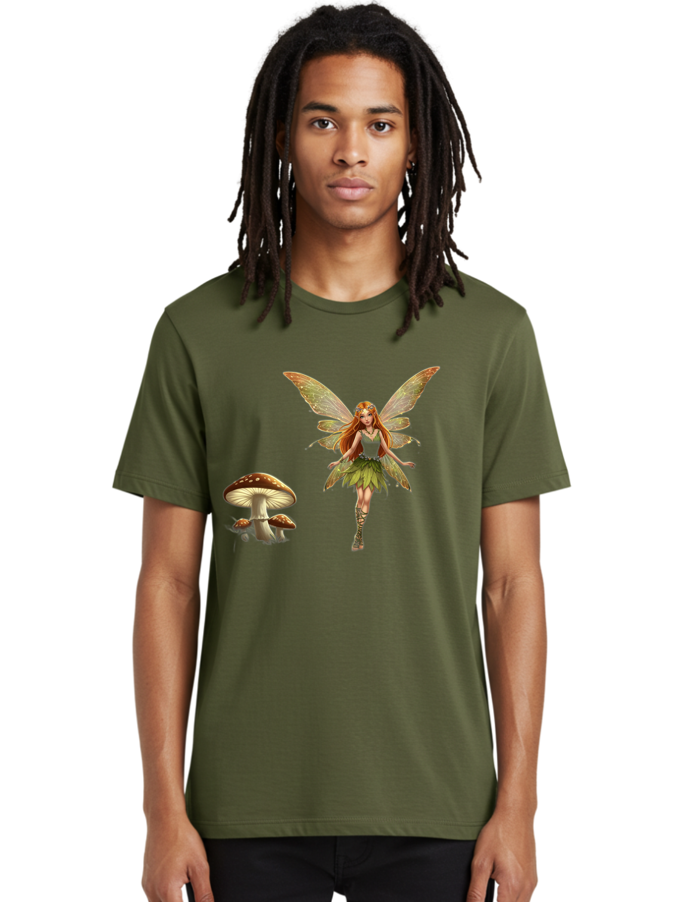 Fairy-With-Mushrooms Men'S Graphic Tee, 100% Cotton, Comfortable Casual Summer Wear, Machine Washable, Fairy With Wings, Green Dress, Red Hair, Mushrooms, Fantasy Creature, Mythical Being, Magical, Mystical, Whimsical, Enchanting Bab895