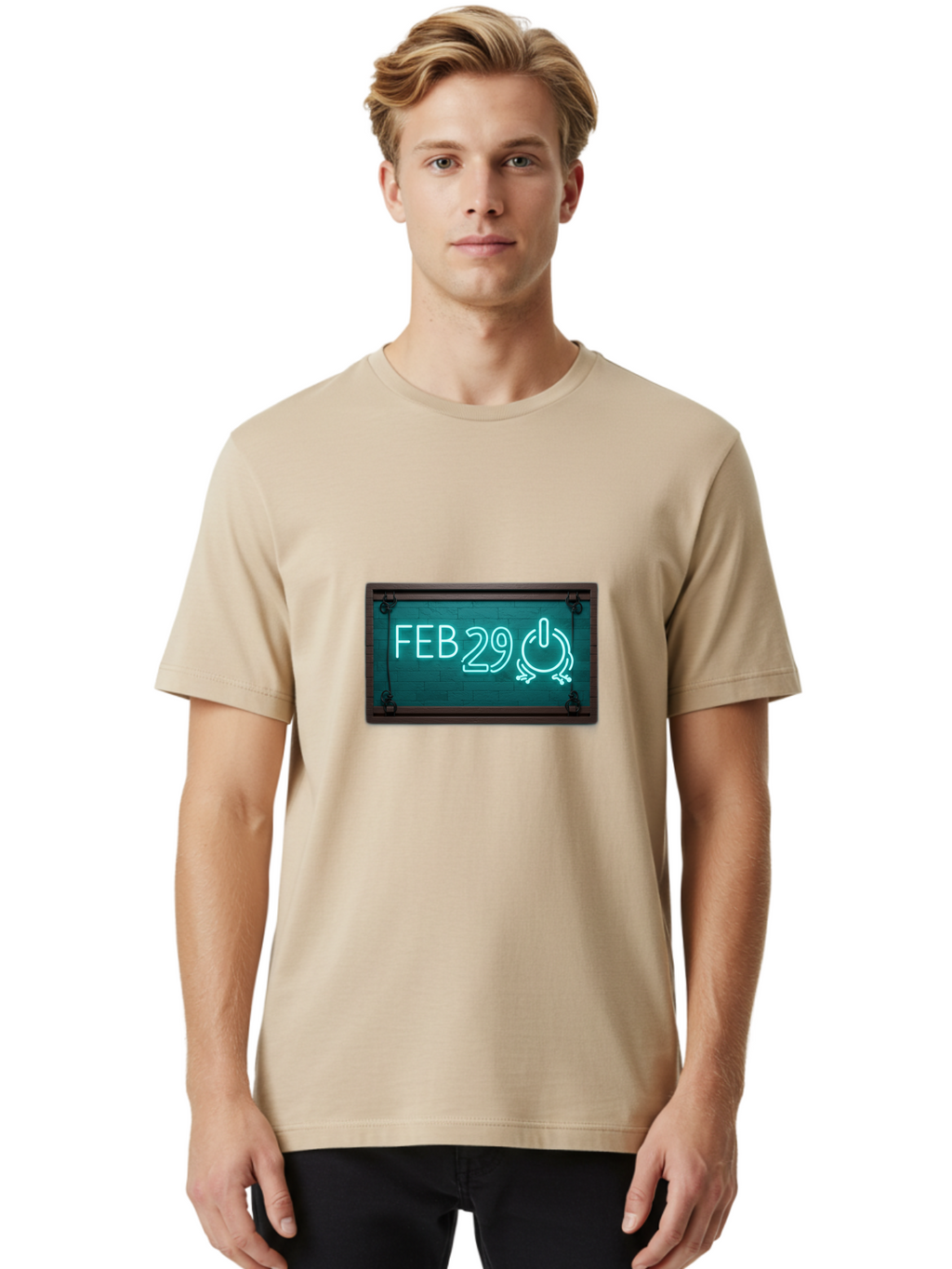 Feb-29-1 Men'S Graphic Tee, 100% Cotton, Comfortable Casual Summer Wear, Machine Washable, Leap Day, February 29, Neon Sign, Retro Advertisement, Blackboard Style, Clock, Time, Countdown, Holiday Concept, Calendar Date Bab896