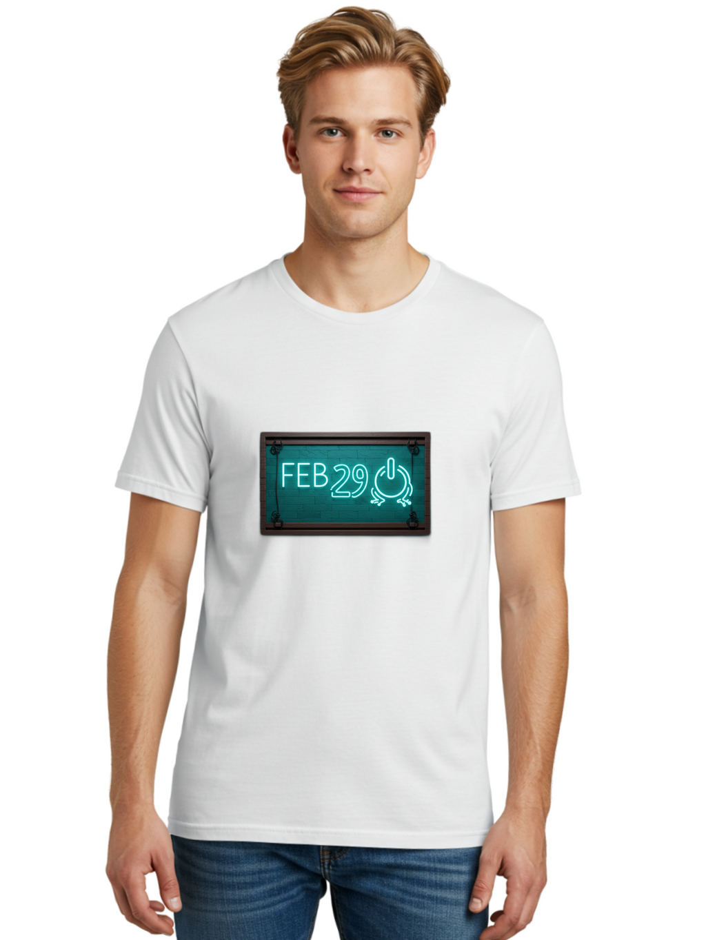 Feb-29-1 Men'S Graphic Tee, 100% Cotton, Comfortable Casual Summer Wear, Machine Washable, Leap Day, February 29, Neon Sign, Retro Advertisement, Blackboard Style, Clock, Time, Countdown, Holiday Concept, Calendar Date Bab896