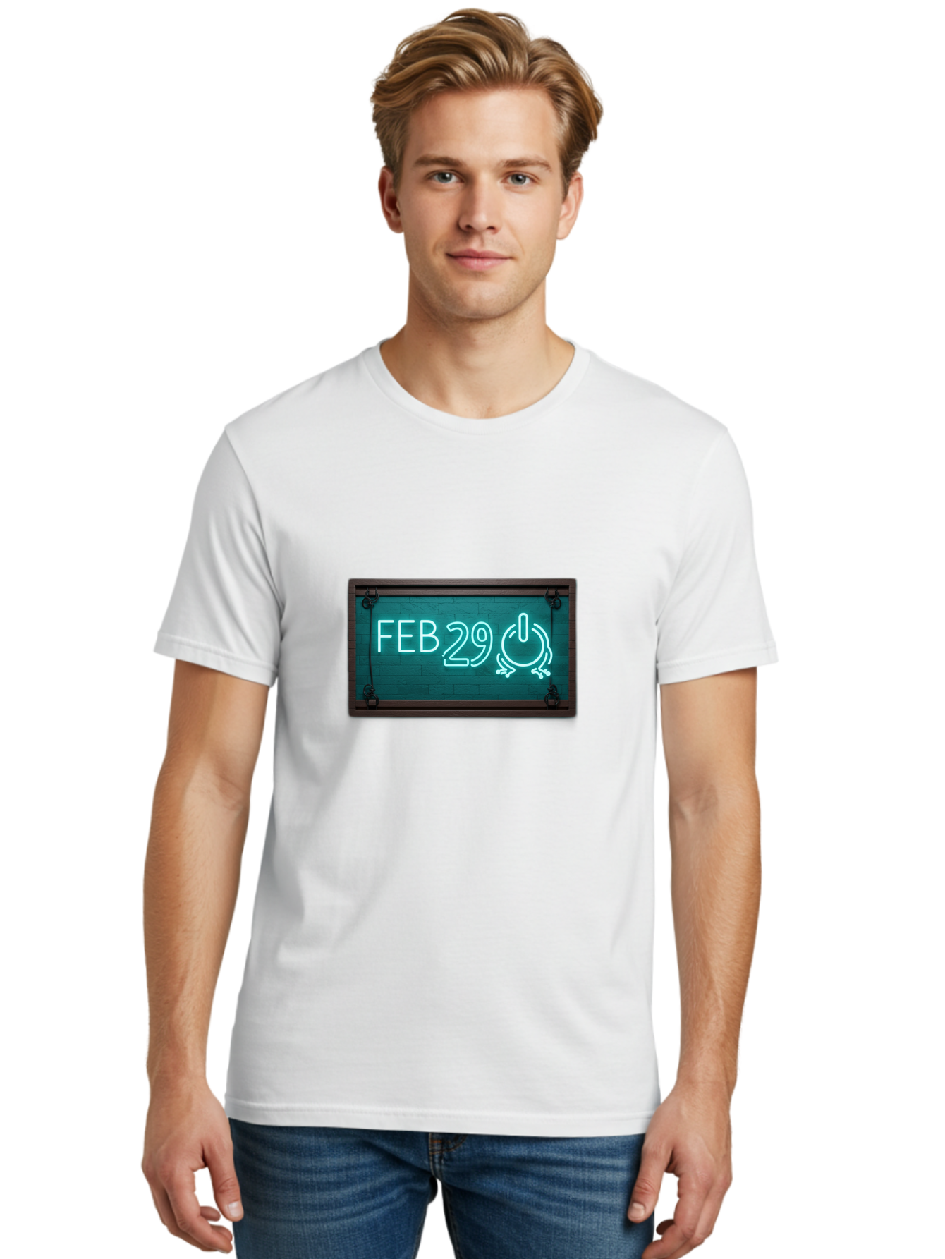 Feb-29-1 Men'S Graphic Tee, 100% Cotton, Comfortable Casual Summer Wear, Machine Washable, Leap Day, February 29, Neon Sign, Retro Advertisement, Blackboard Style, Clock, Time, Countdown, Holiday Concept, Calendar Date Bab896
