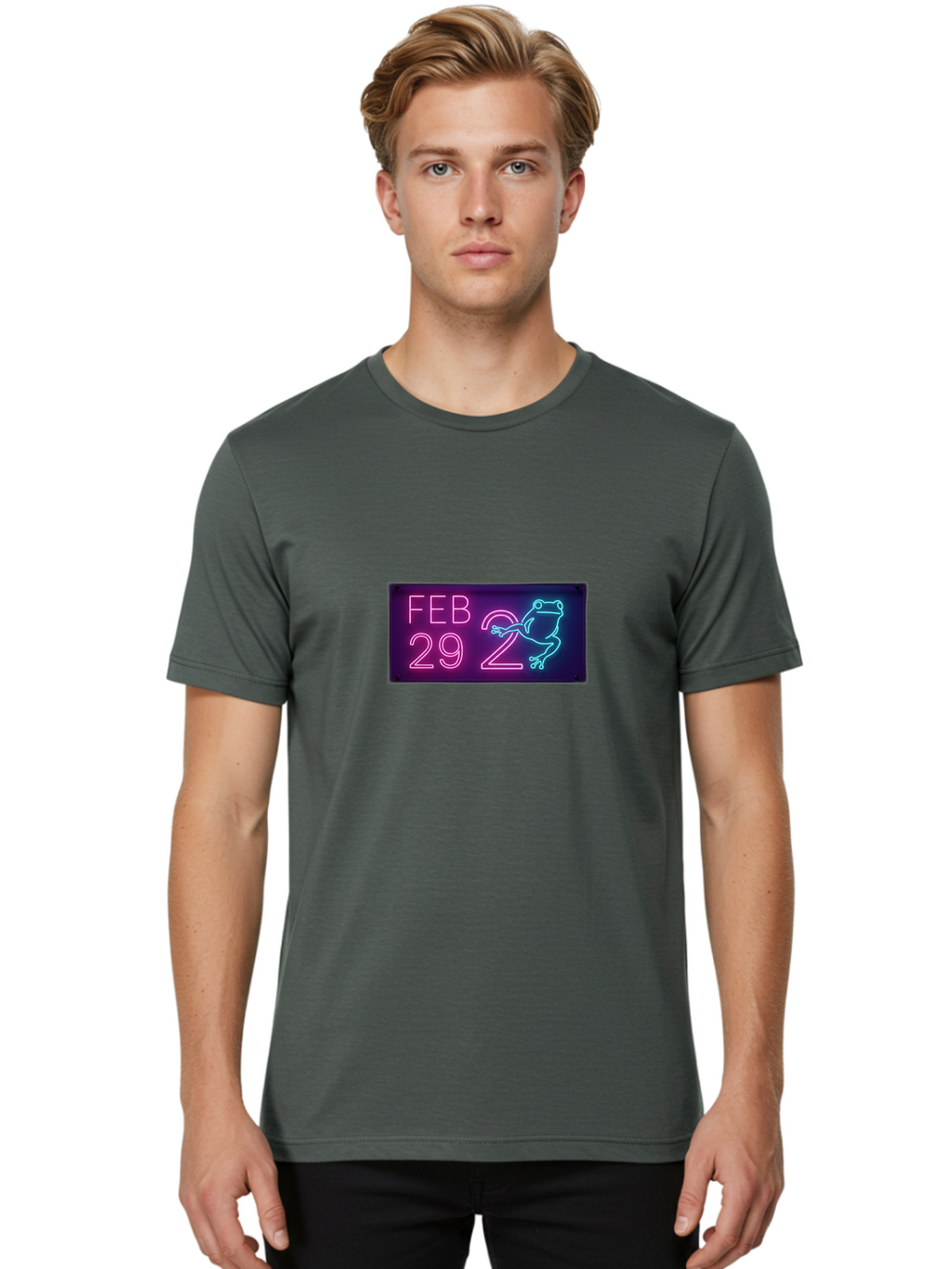 Feb-29-2 Men'S Graphic Tee, 100% Cotton, Comfortable Casual Summer Wear, Machine Washable, Leap Day, February 29, Neon Sign, Pink And Blue Neon, Frog Illustration, Unique Date, Quirky Design, Purple Background Bab897