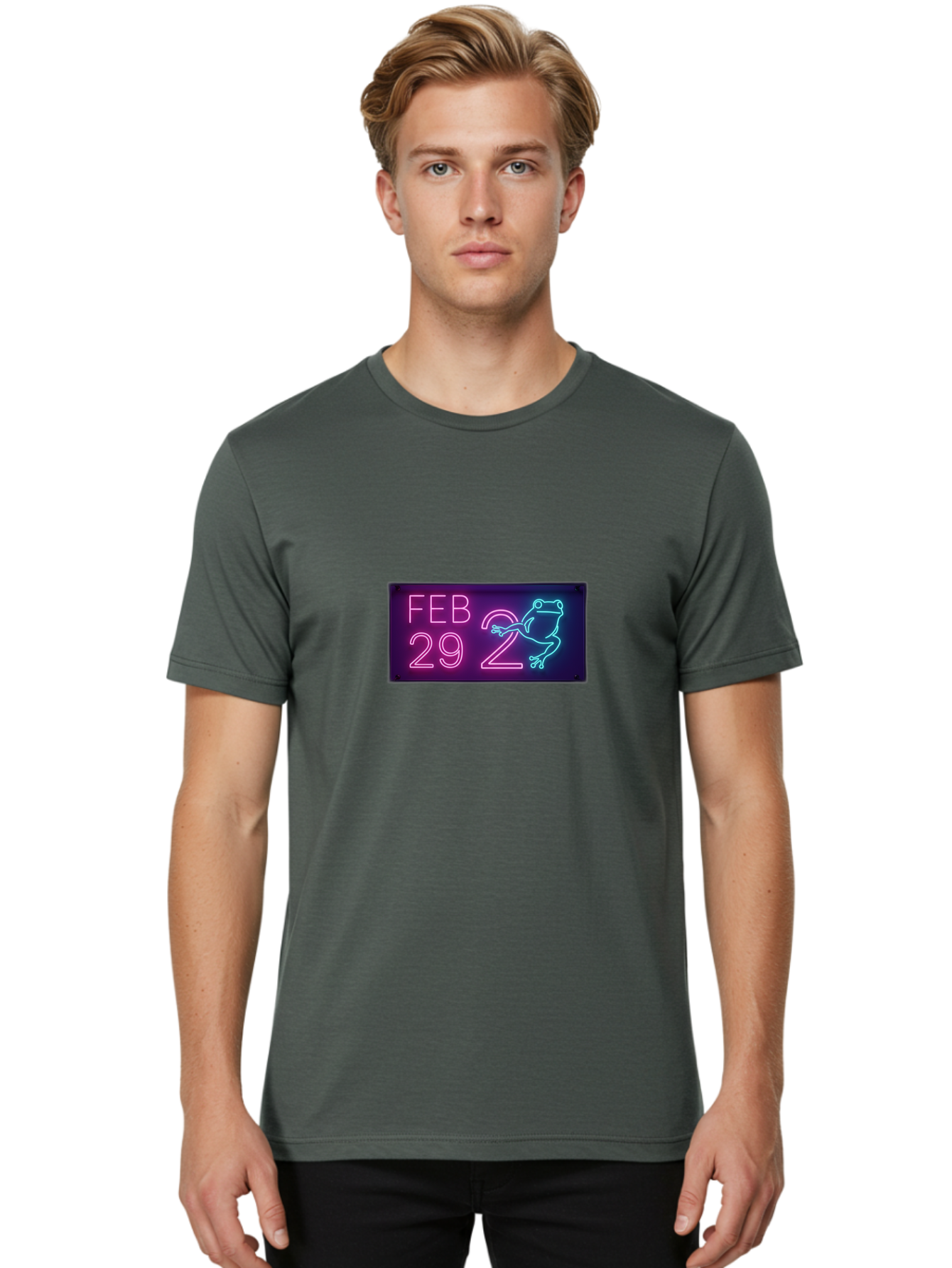 Feb-29-2 Men'S Graphic Tee, 100% Cotton, Comfortable Casual Summer Wear, Machine Washable, Leap Day, February 29, Neon Sign, Pink And Blue Neon, Frog Illustration, Unique Date, Quirky Design, Purple Background Bab897