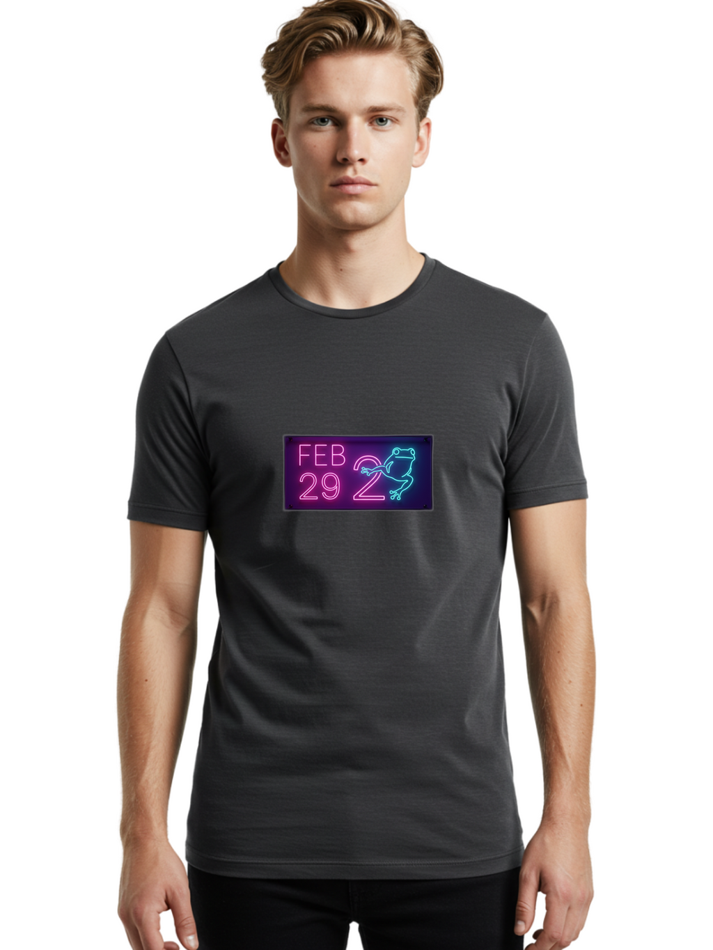Feb-29-2 Men'S Graphic Tee, 100% Cotton, Comfortable Casual Summer Wear, Machine Washable, Leap Day, February 29, Neon Sign, Pink And Blue Neon, Frog Illustration, Unique Date, Quirky Design, Purple Background Bab897