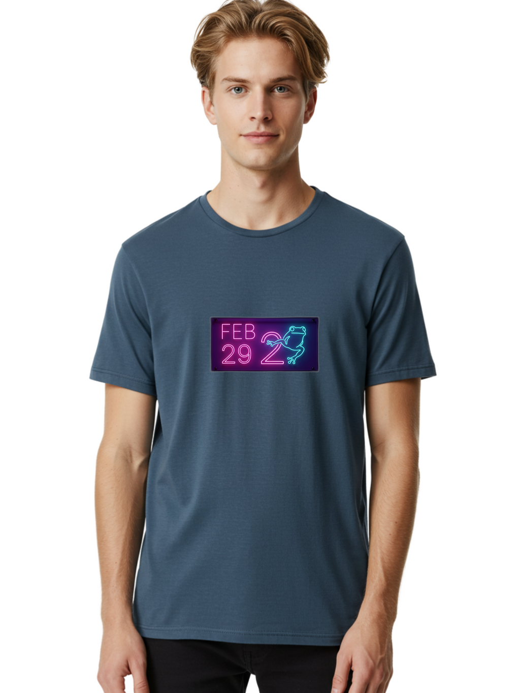 Feb-29-2 Men'S Graphic Tee, 100% Cotton, Comfortable Casual Summer Wear, Machine Washable, Leap Day, February 29, Neon Sign, Pink And Blue Neon, Frog Illustration, Unique Date, Quirky Design, Purple Background Bab897