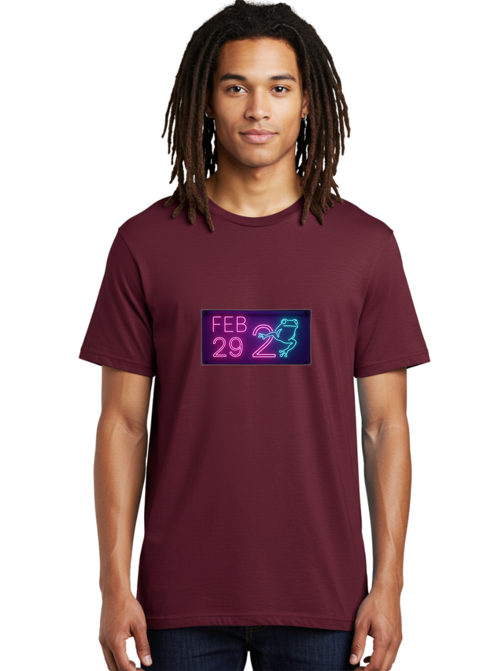 Feb-29-2 Men'S Graphic Tee, 100% Cotton, Comfortable Casual Summer Wear, Machine Washable, Leap Day, February 29, Neon Sign, Pink And Blue Neon, Frog Illustration, Unique Date, Quirky Design, Purple Background Bab897
