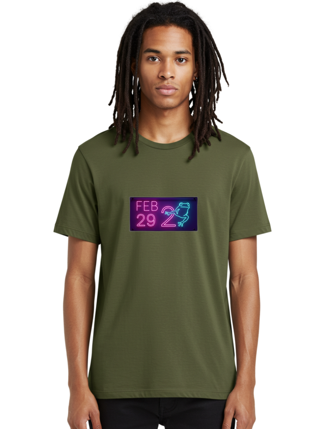 Feb-29-2 Men'S Graphic Tee, 100% Cotton, Comfortable Casual Summer Wear, Machine Washable, Leap Day, February 29, Neon Sign, Pink And Blue Neon, Frog Illustration, Unique Date, Quirky Design, Purple Background Bab897