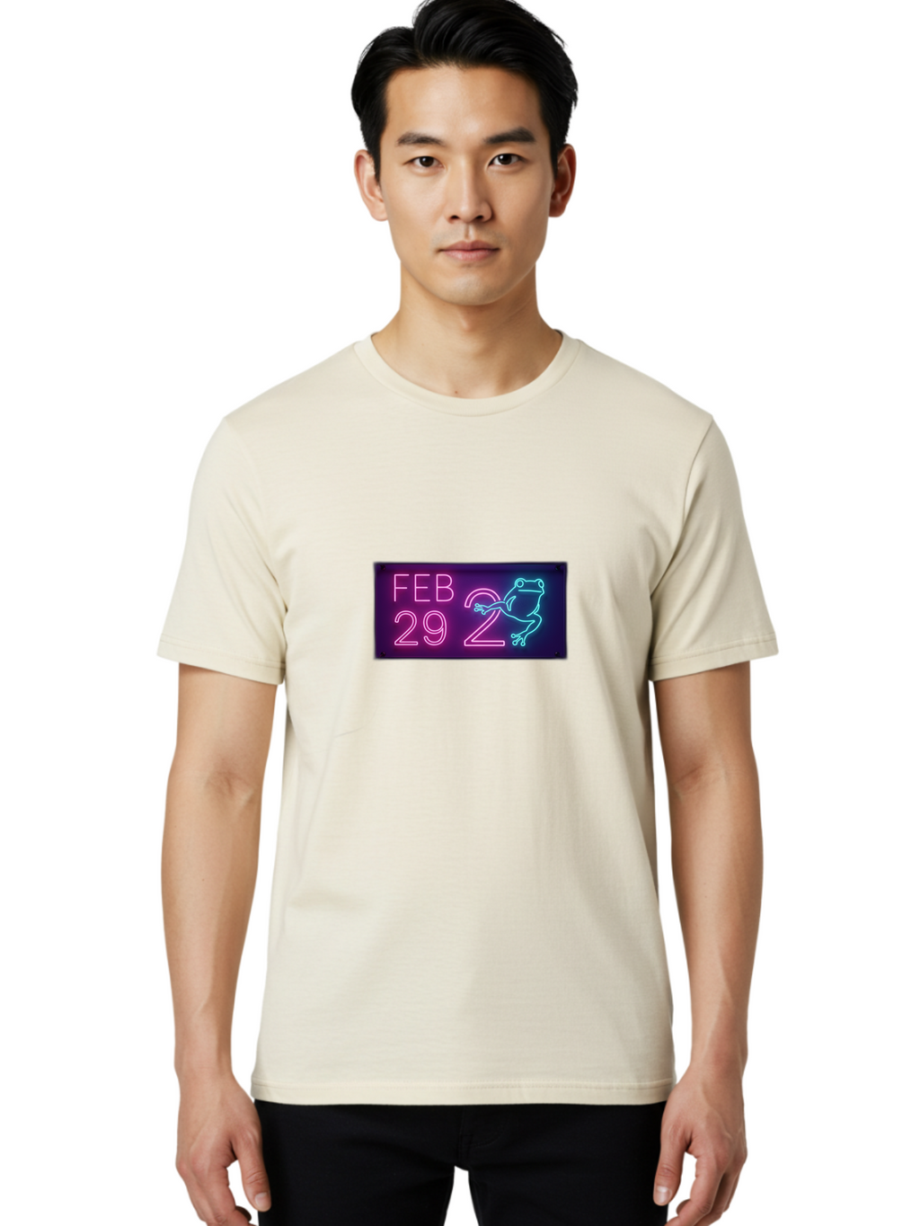 Feb-29-2 Men'S Graphic Tee, 100% Cotton, Comfortable Casual Summer Wear, Machine Washable, Leap Day, February 29, Neon Sign, Pink And Blue Neon, Frog Illustration, Unique Date, Quirky Design, Purple Background Bab897