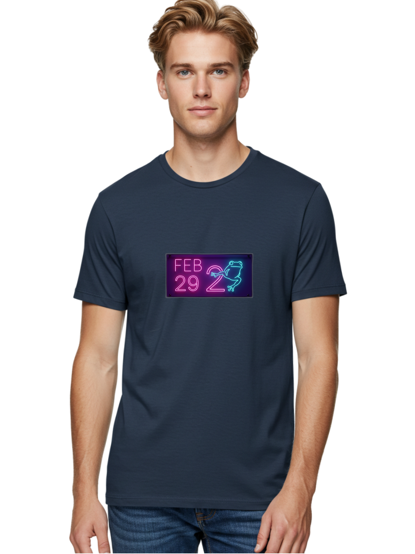 Feb-29-2 Men'S Graphic Tee, 100% Cotton, Comfortable Casual Summer Wear, Machine Washable, Leap Day, February 29, Neon Sign, Pink And Blue Neon, Frog Illustration, Unique Date, Quirky Design, Purple Background Bab897