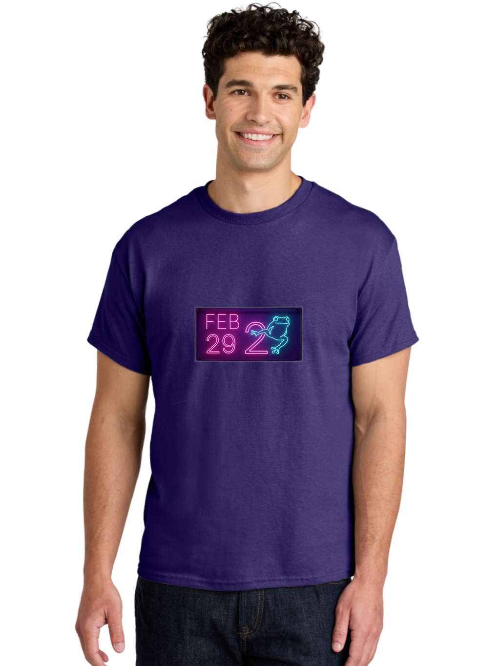 Feb-29-2 Men'S Graphic Tee, 100% Cotton, Comfortable Casual Summer Wear, Machine Washable, Leap Day, February 29, Neon Sign, Pink And Blue Neon, Frog Illustration, Unique Date, Quirky Design, Purple Background Bab897