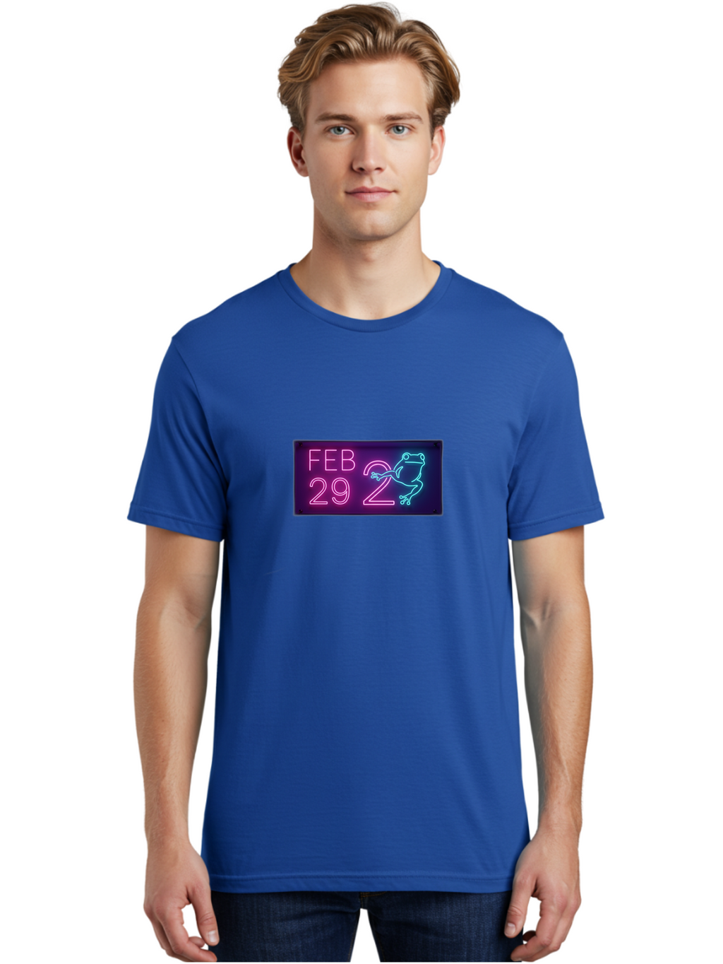 Feb-29-2 Men'S Graphic Tee, 100% Cotton, Comfortable Casual Summer Wear, Machine Washable, Leap Day, February 29, Neon Sign, Pink And Blue Neon, Frog Illustration, Unique Date, Quirky Design, Purple Background Bab897