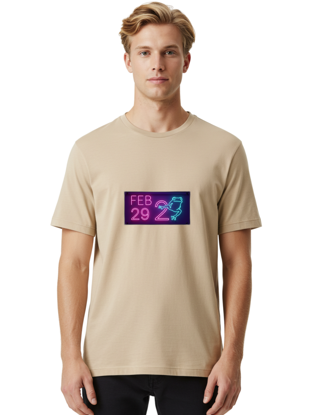 Feb-29-2 Men'S Graphic Tee, 100% Cotton, Comfortable Casual Summer Wear, Machine Washable, Leap Day, February 29, Neon Sign, Pink And Blue Neon, Frog Illustration, Unique Date, Quirky Design, Purple Background Bab897