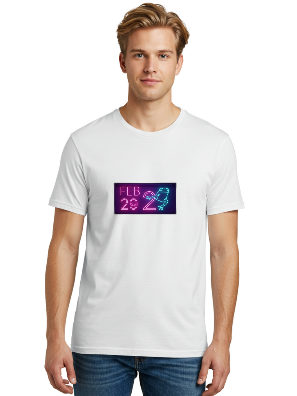 Feb-29-2 Men'S Graphic Tee, 100% Cotton, Comfortable Casual Summer Wear, Machine Washable, Leap Day, February 29, Neon Sign, Pink And Blue Neon, Frog Illustration, Unique Date, Quirky Design, Purple Background Bab897