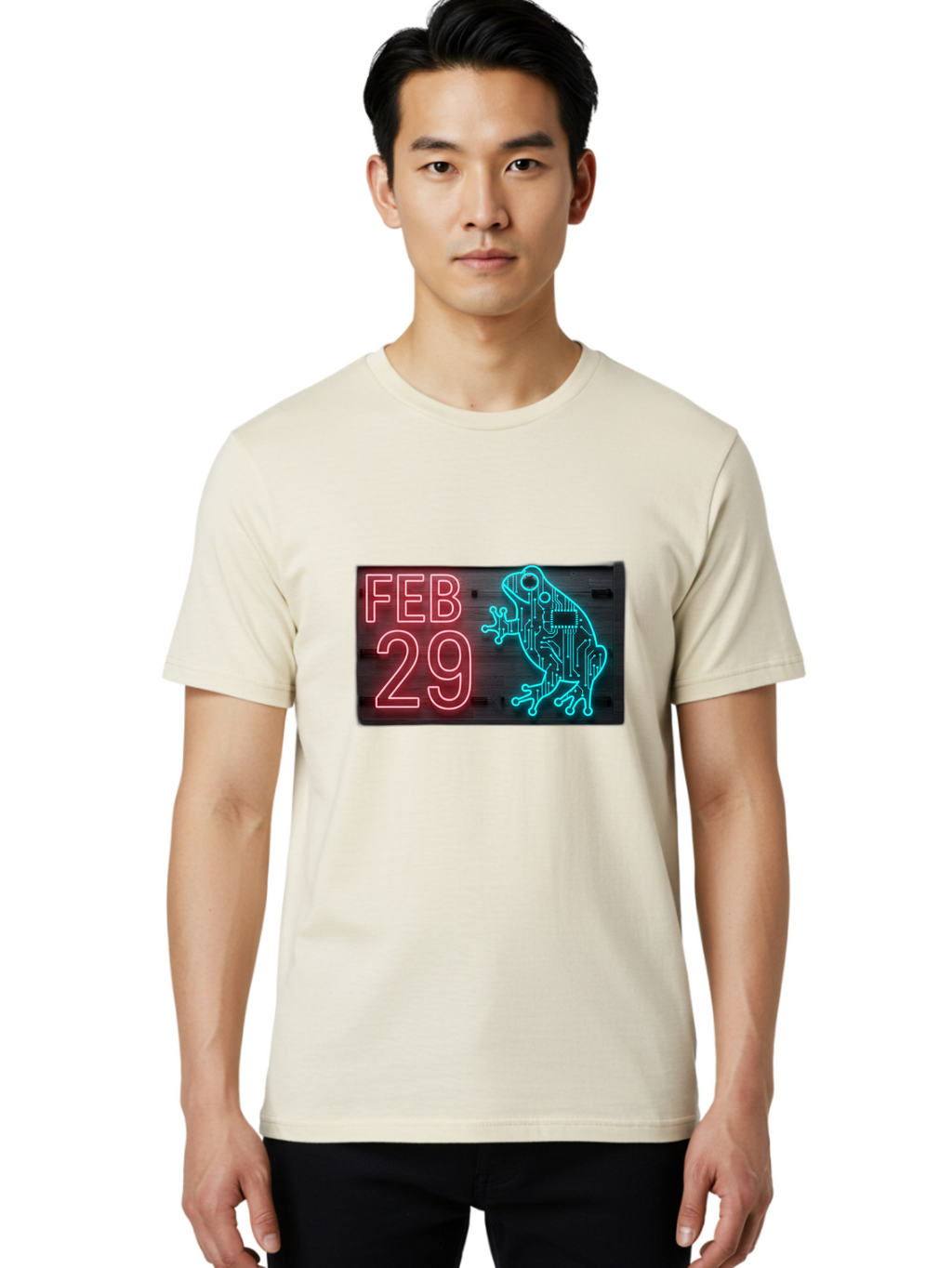 Feb-29-3 Men'S Graphic Tee, 100% Cotton, Comfortable Casual Summer Wear, Machine Washable, Neon Sign, Cyberpunk Frog, Futuristic Design, February 29, Robotic Amphibian, Tech-Inspired Art, Futuristic Creature, Circuit Frog, Glowing Neon, Bab898