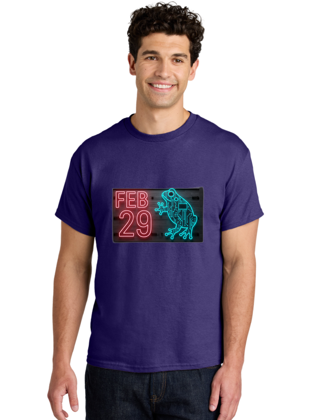 Feb-29-3 Men'S Graphic Tee, 100% Cotton, Comfortable Casual Summer Wear, Machine Washable, Neon Sign, Cyberpunk Frog, Futuristic Design, February 29, Robotic Amphibian, Tech-Inspired Art, Futuristic Creature, Circuit Frog, Glowing Neon, Bab898