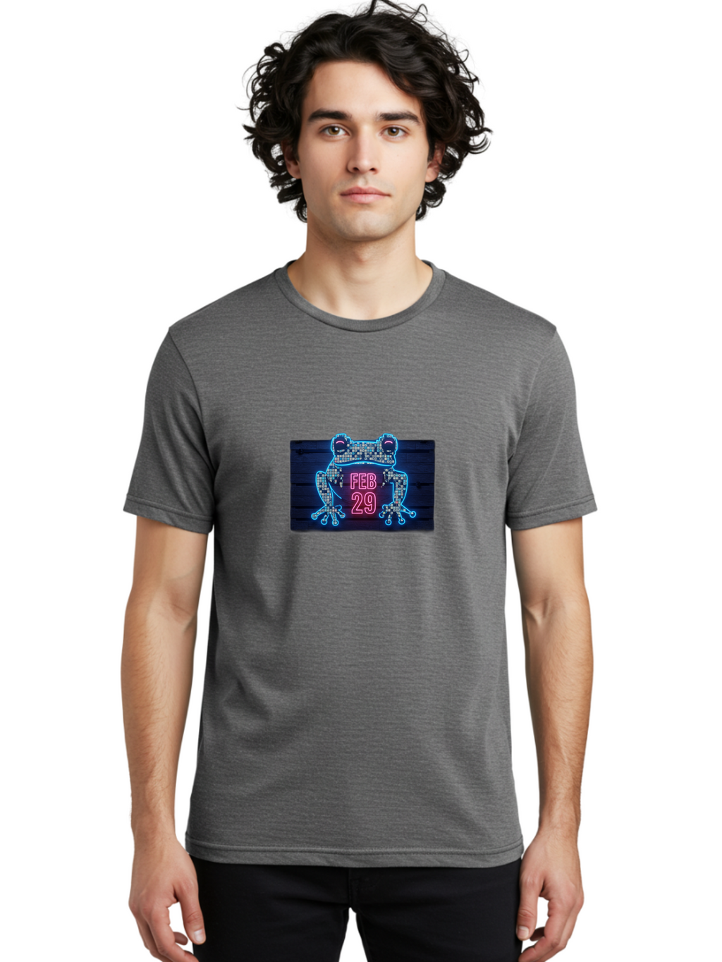 Feb-29-Frog-Neon-Sign Men'S Graphic Tee, 100% Cotton, Comfortable Casual Summer Wear, Machine Washable, Neon Frog Sign, Leap Day Symbol, Retro Style, Glowing Effect, Frog Silhouette, Date Display, Unique Decor, Nostalgic Vibe, Led Art, Bab899